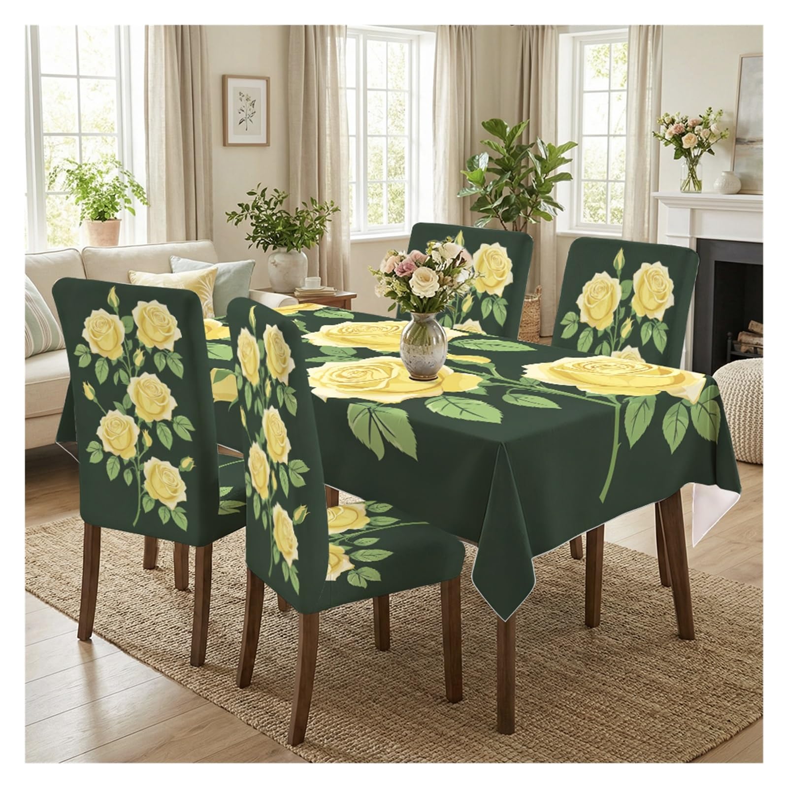 KXUAUV Yellow Rose On Dark Green Print Tablecloth & Chair Covers Set, Slipcovers For Dining Room, Kitchen, Farmhouse & Casual Decor, 5/7 Pack Party Decor(5pcs Set: Tablecloth+Chair Covers)