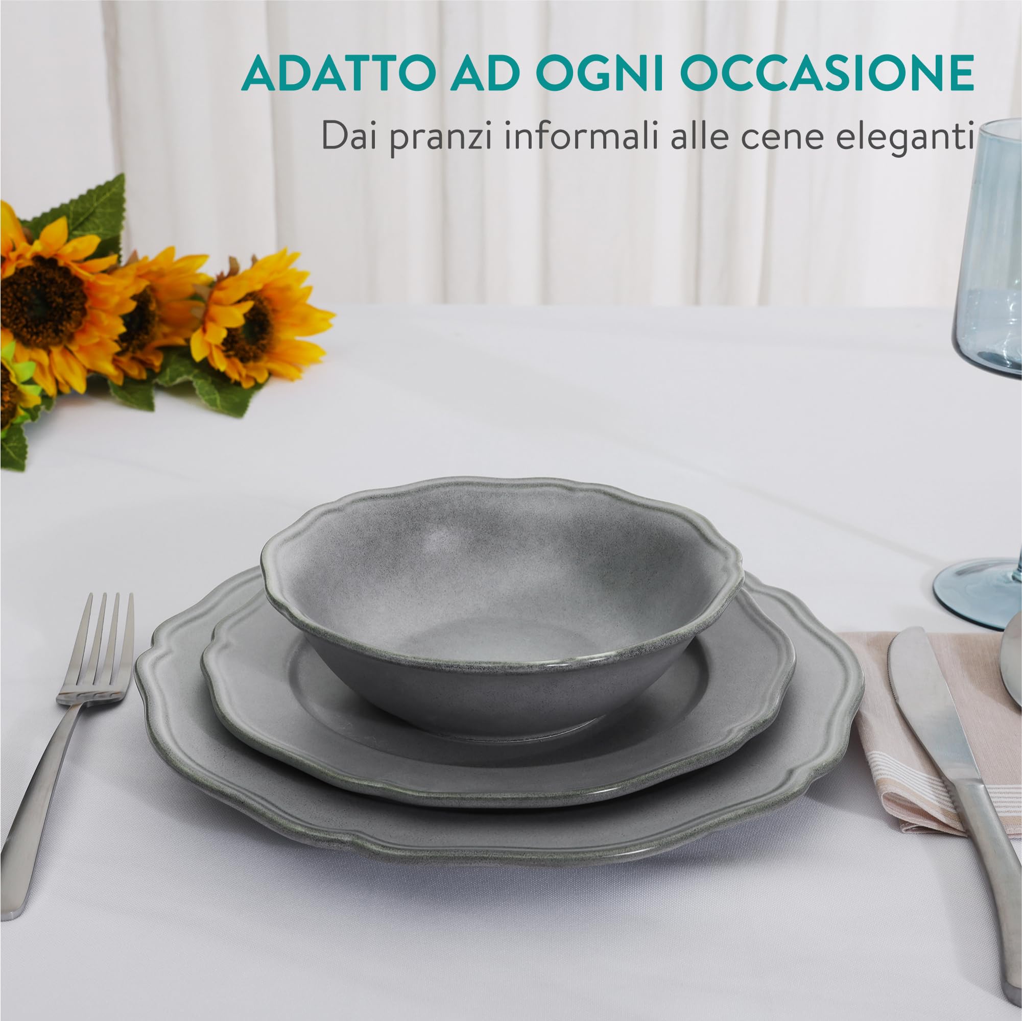Navaris Set Piatti 18 Pezzi - Servizio Piatti Moderni di Porcellana per 6 Persone - Eleganti Decorativi e Resistenti - Adatto a Lavastoviglie e Microonde - Grigio