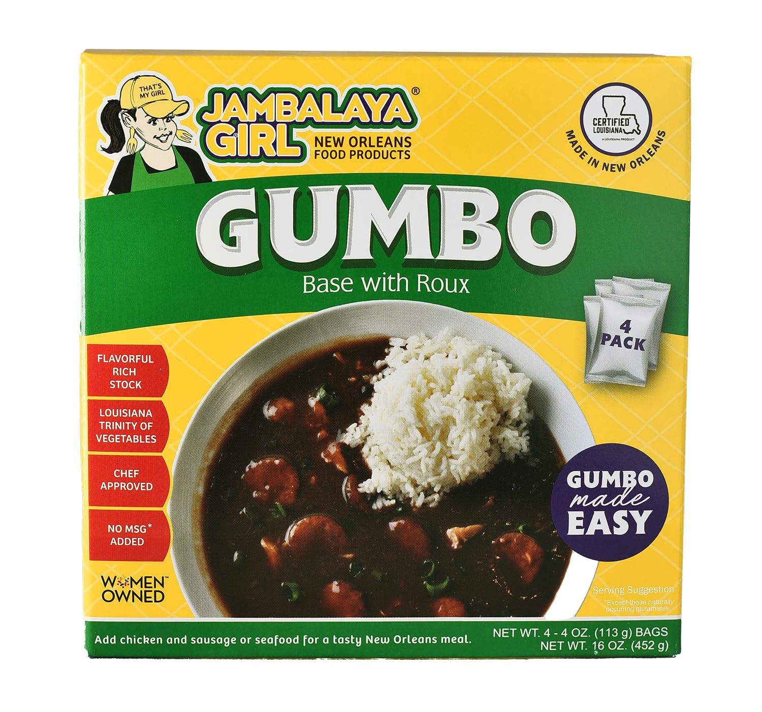 Jambalaya Girl Gumbo Base with Roux, New Orleans Soup Mix, 4 Oz (4 Pack)