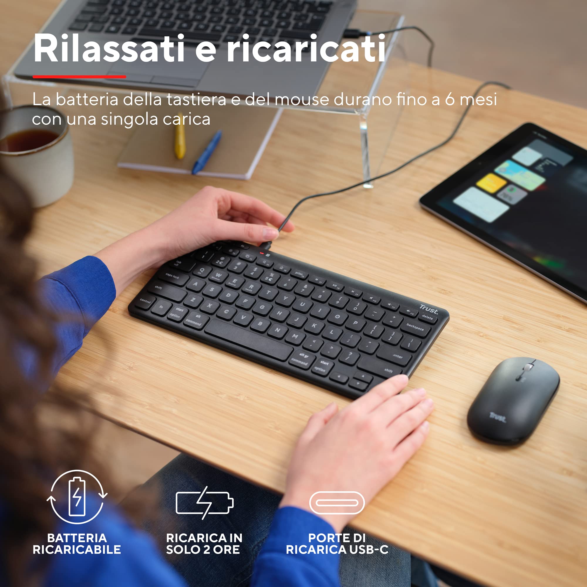 Trust Lyra Set Tastiera e Mouse Wireless Bluetooth, Layout Italiano QWERTY, 84% Plastica Riciclata, Tastiera Ricaricabile Multidispositivo per Laptop, PC, Mac, Tablet, iPad, Android, iOS – Nero
