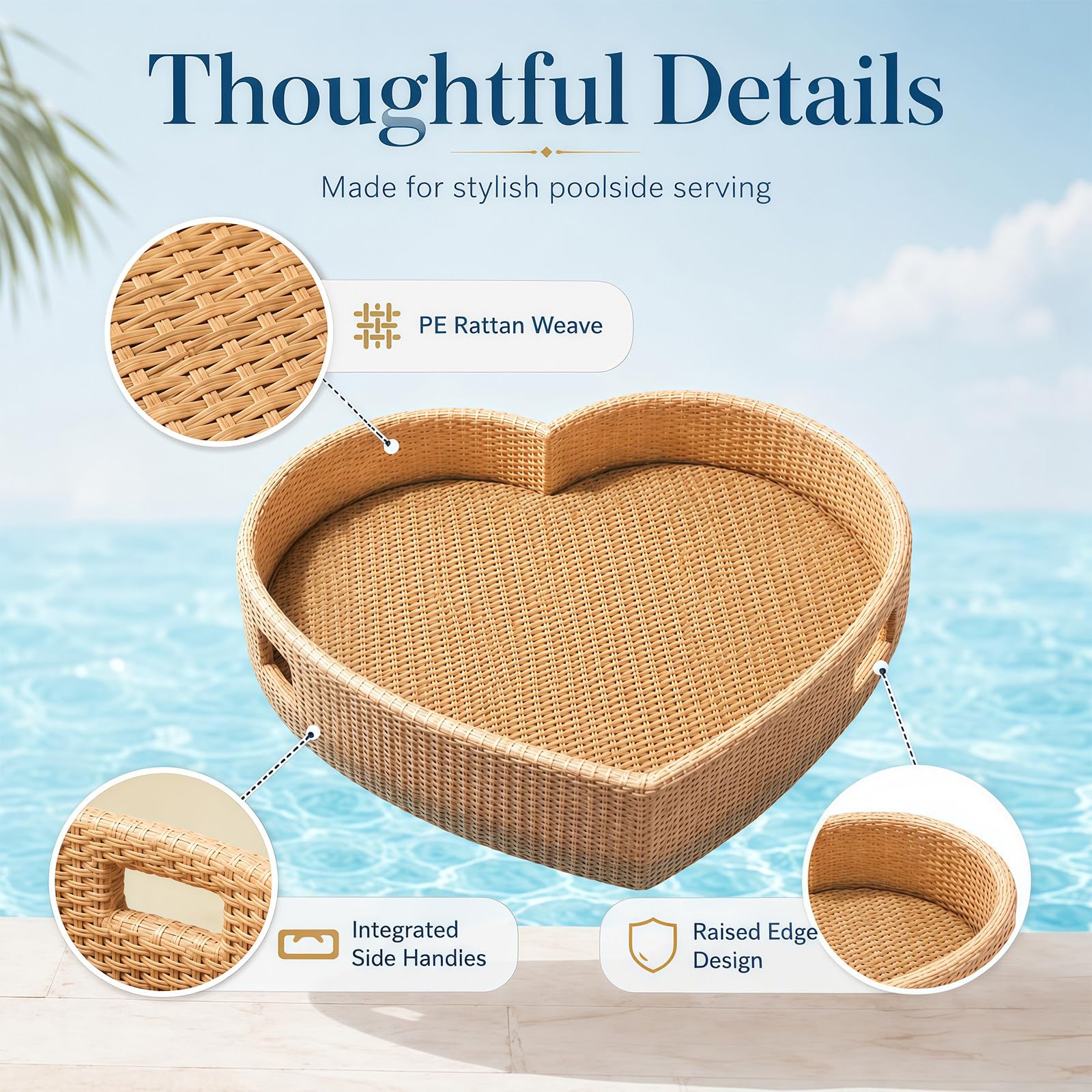 BANGBANGJI Bandeja Flotante Efecto Ratán para Resorts de Verano White | Bandeja flotante de ratán con acabado cuidado, espaciosa para bebidas, desayunos, fruta & accesorios