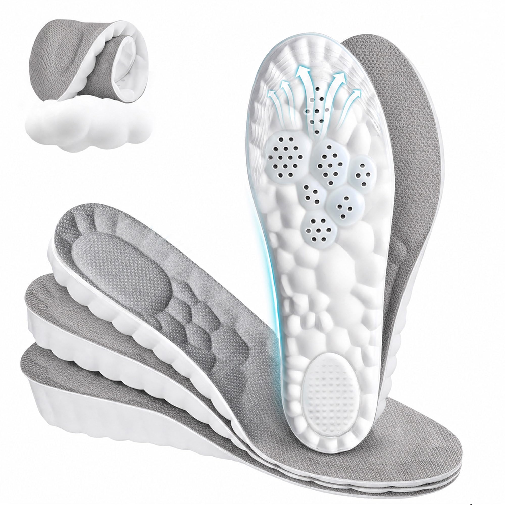 3 Pairs 0.6 in/1 in/1.4 in 4D Cloud Height Increase Insoles, Gray, US 9-11
