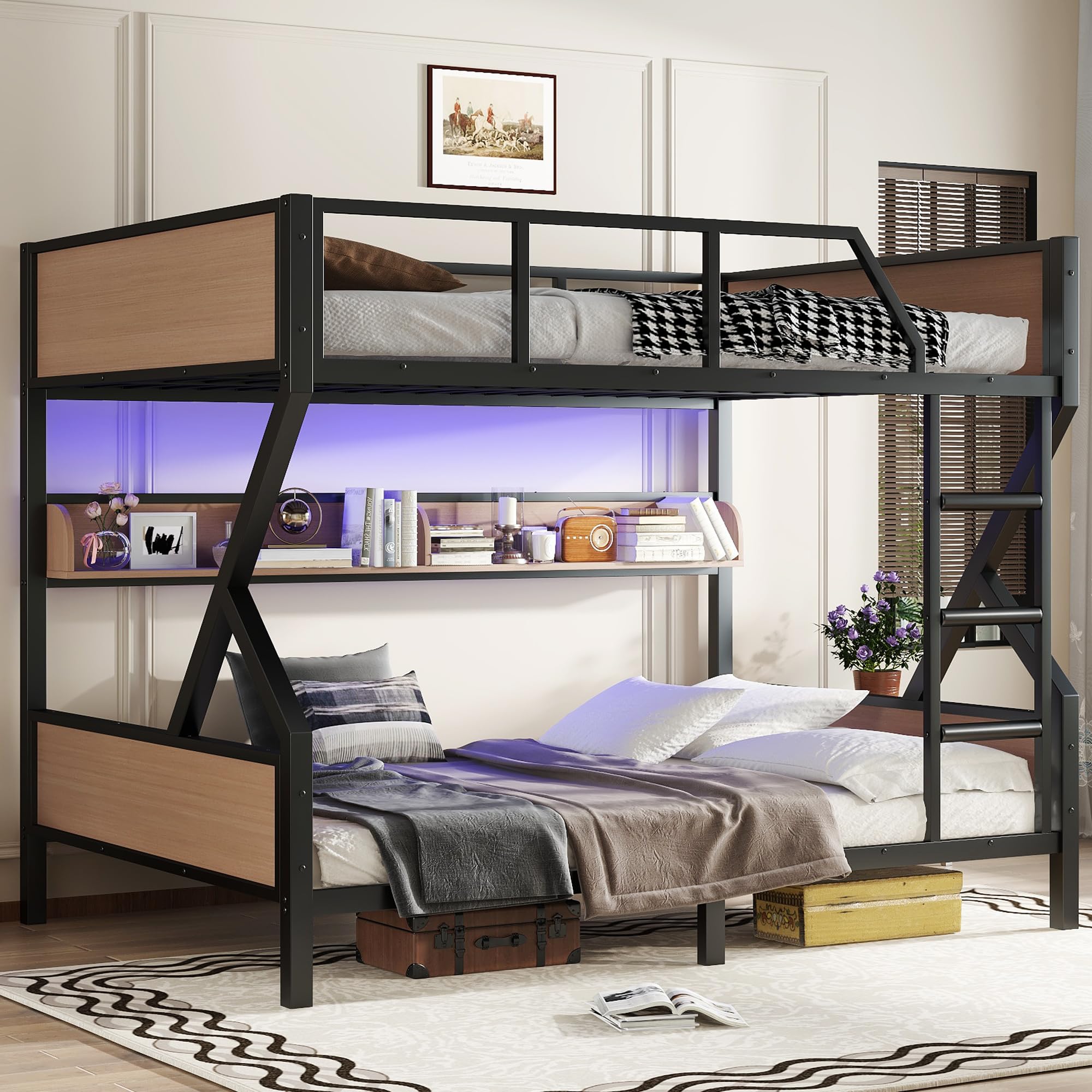 Photo 1 of Bellemave Queen Over Queen Size Bunk Bed Frame with Storage Shelves and LED Lights,Heavy Duty Adult Bunk Beds with Angled Ladder,Metal Queen Bunk Bed,Woodgrain