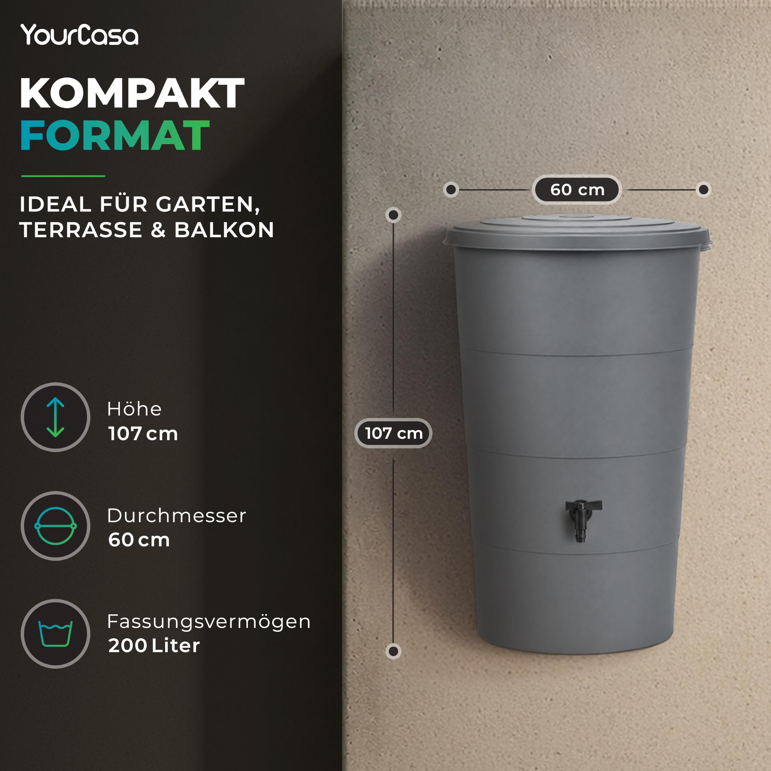 YourCasa Regentonne 200 Liter [inkl. Anschlusset & Bohrer] Regenfass Wetterfest aus Kunststoff mit Wasserhahn - Regenwassertonne - Wasserfass Regenwassertank Wassertonne für Garten (Anthrazit, 200L)