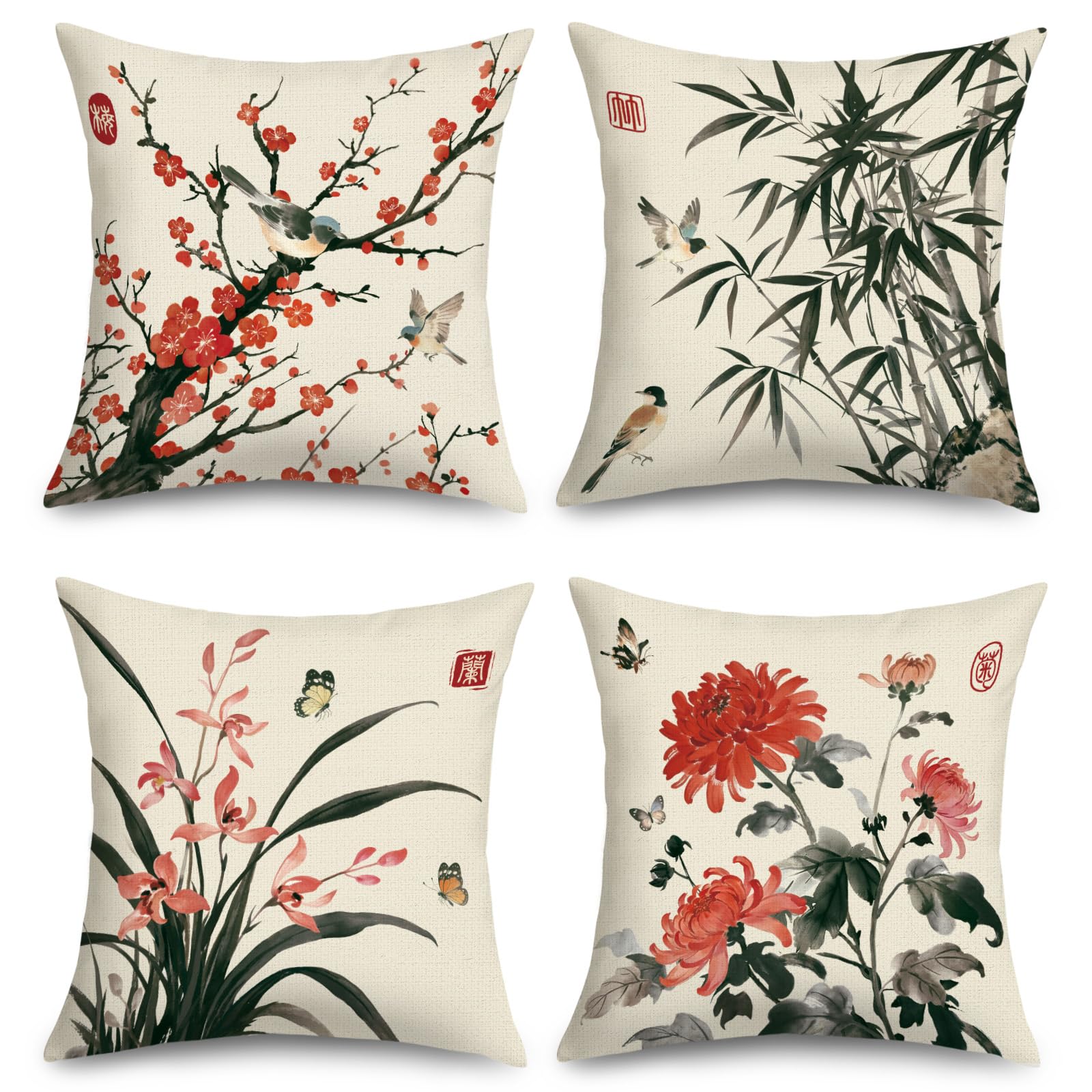 Joymaison Chinoiserie Black and Red Floral Cushion Covers 45 x 45 Pack of 4 Vintage Ink Painting Flower Square Throw Pillow Case Decorative Sofa Cushion with Invisible Zipper