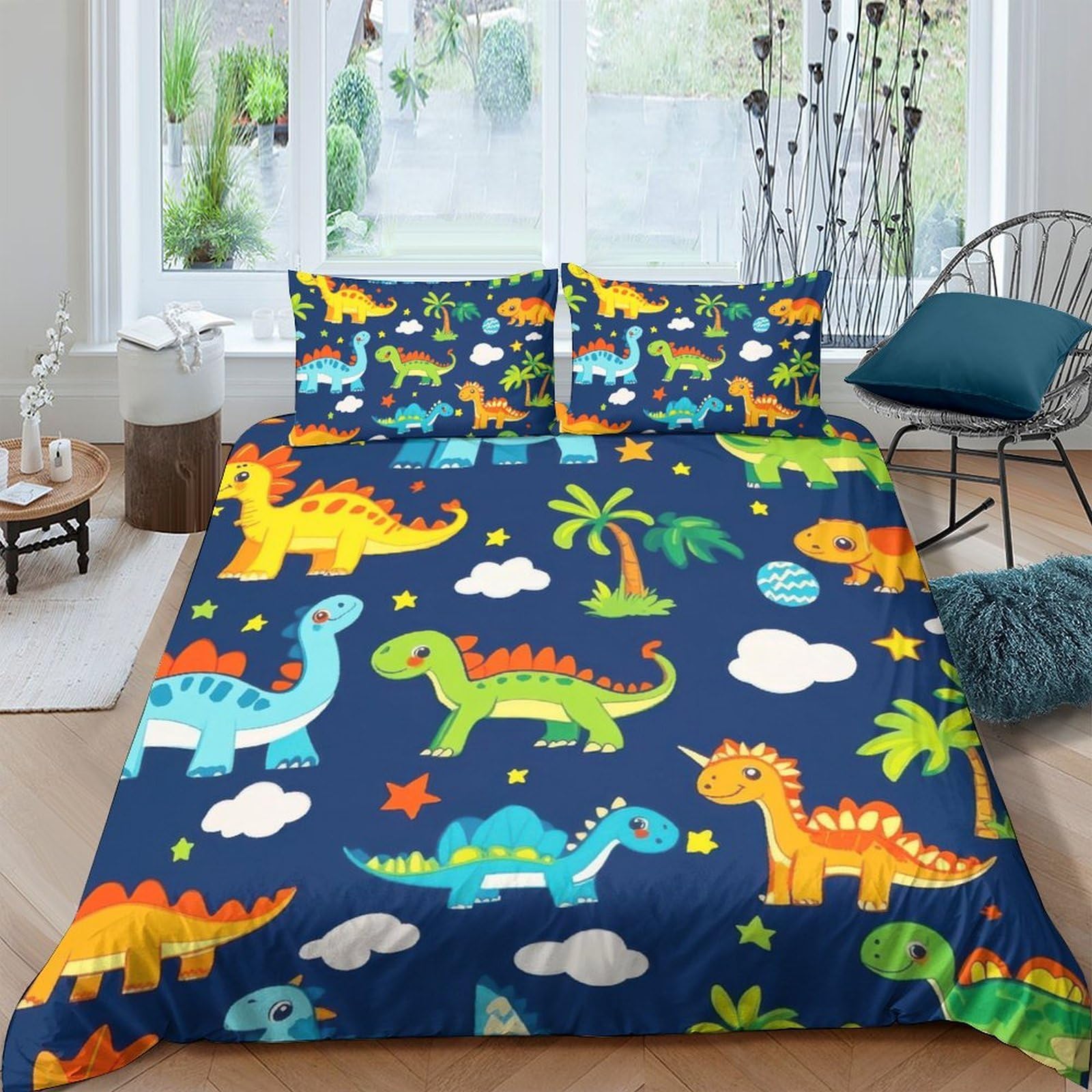 GPLZQXKJNH 3D Printed Dinosaur Cartoon Duvet Cover Microfiber Soft Breathable Jungle Animal Bedding Set with 2 Pillowcases for Bedroom Decor Single（135x200cm）