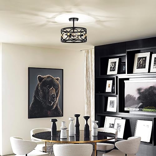 Miniatura 4 de Mr. Color - Lámpara de araña de 3 luces semiempotrada para casa de campo, color negro y dorado