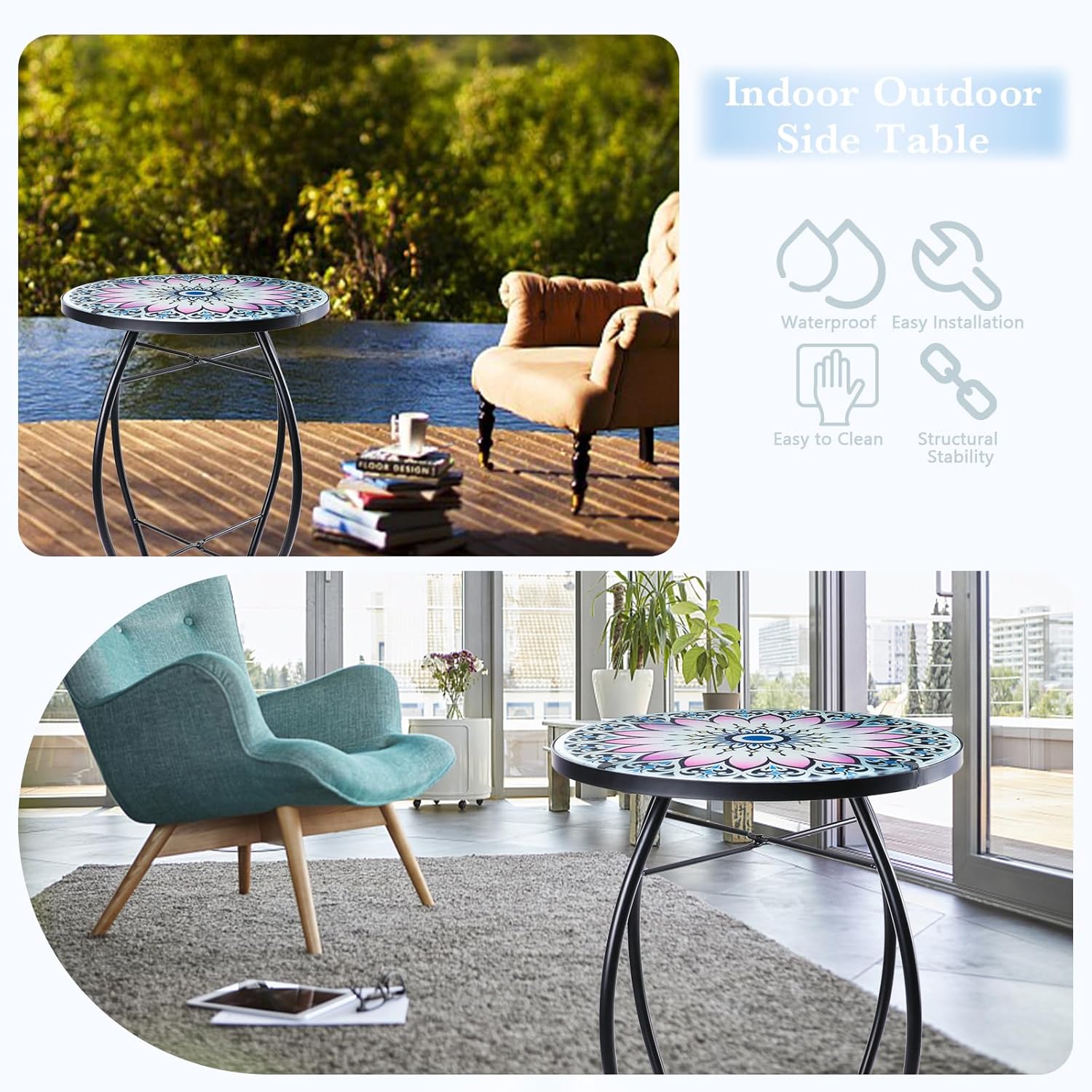 MUMTOP Side Patio Tables-Mosaic Outdoor Side Table - 14’’ Flower Glass Accent Round EndTable, Plant Stand Indoor Small CoffeeTable for Garden or Living Room Decor