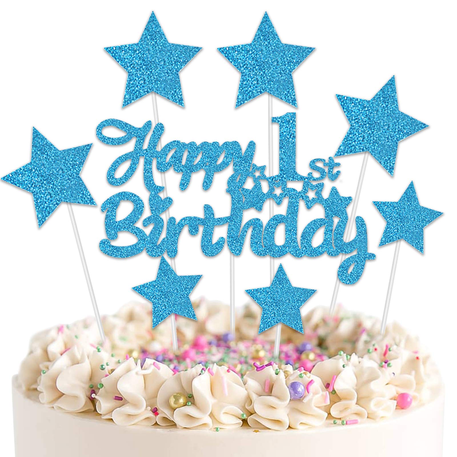 Buy VAINECHAY Happy Birthday Cake Topper Decorations Glitter Blue Star