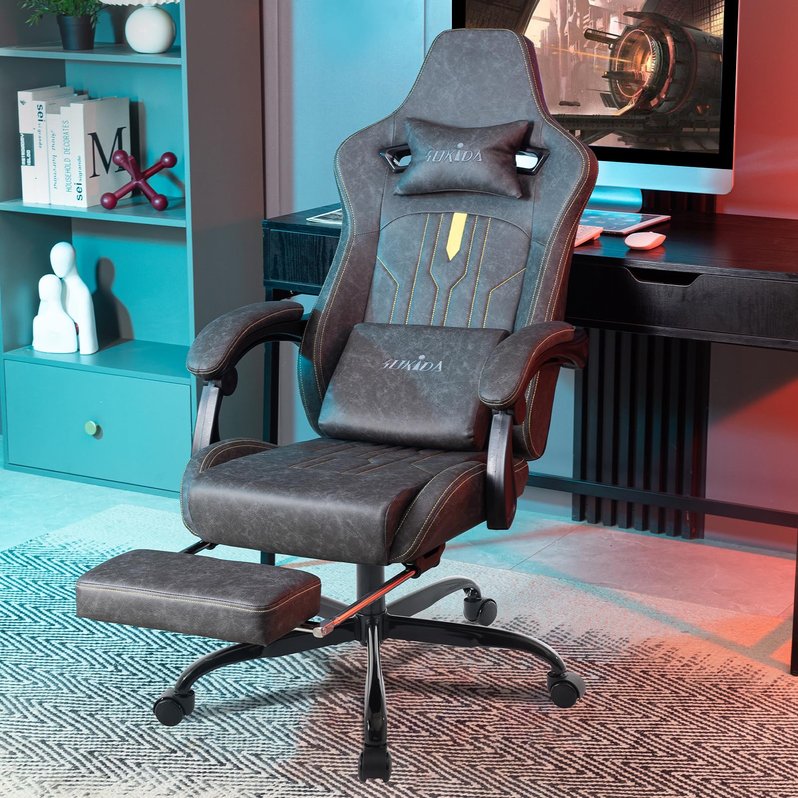 SUKIDA Gaming Stuhl Computerstuhl Ergonomischer Gaming Chair mit Fußstütze Bürostuhl Ergonomischer Computerstuhl mit Lendenwirbelstütze Grey