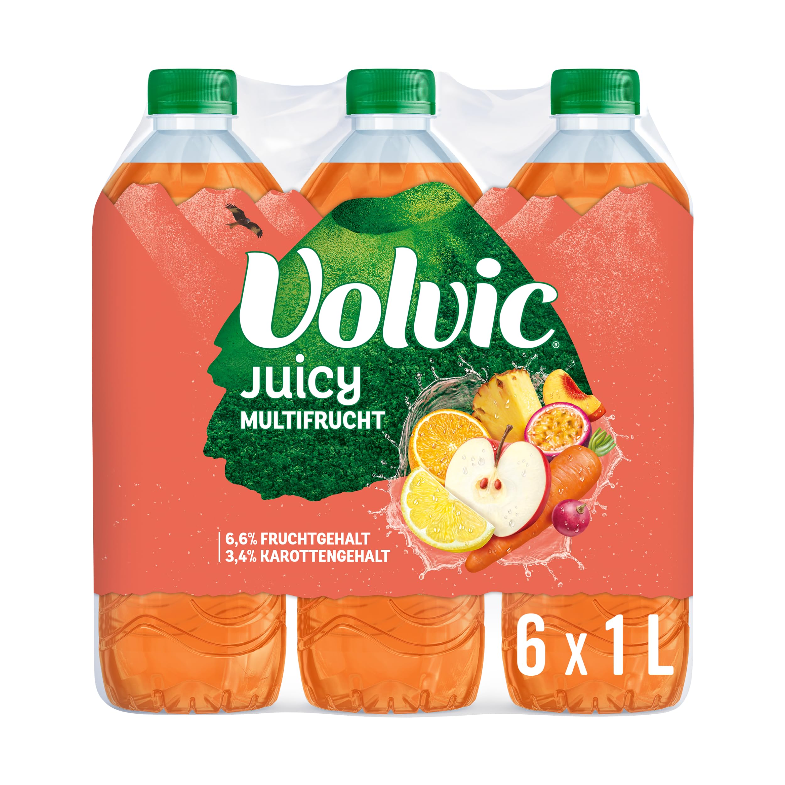 Volvic Juicy Multifrucht – Aus Multifrucht- und Karottensaftkonzentraten – Nur natürliche Aromen – 6 x 1 l