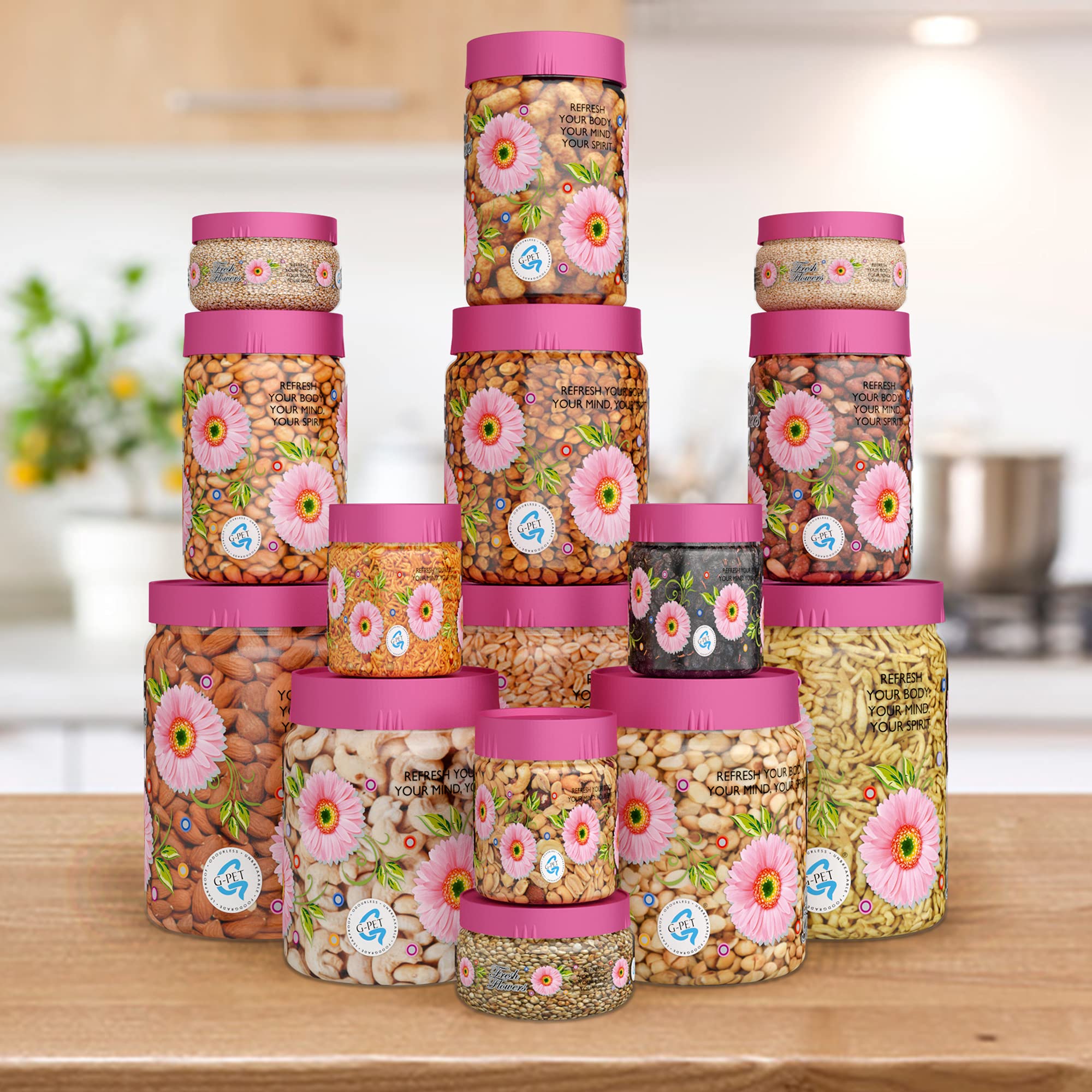 G-PET Print Magic Kitchen Storage Containers (2000 ML, 1000 ML, 750 ML, 200 ML, 150 ML), Pink, Pack of 15