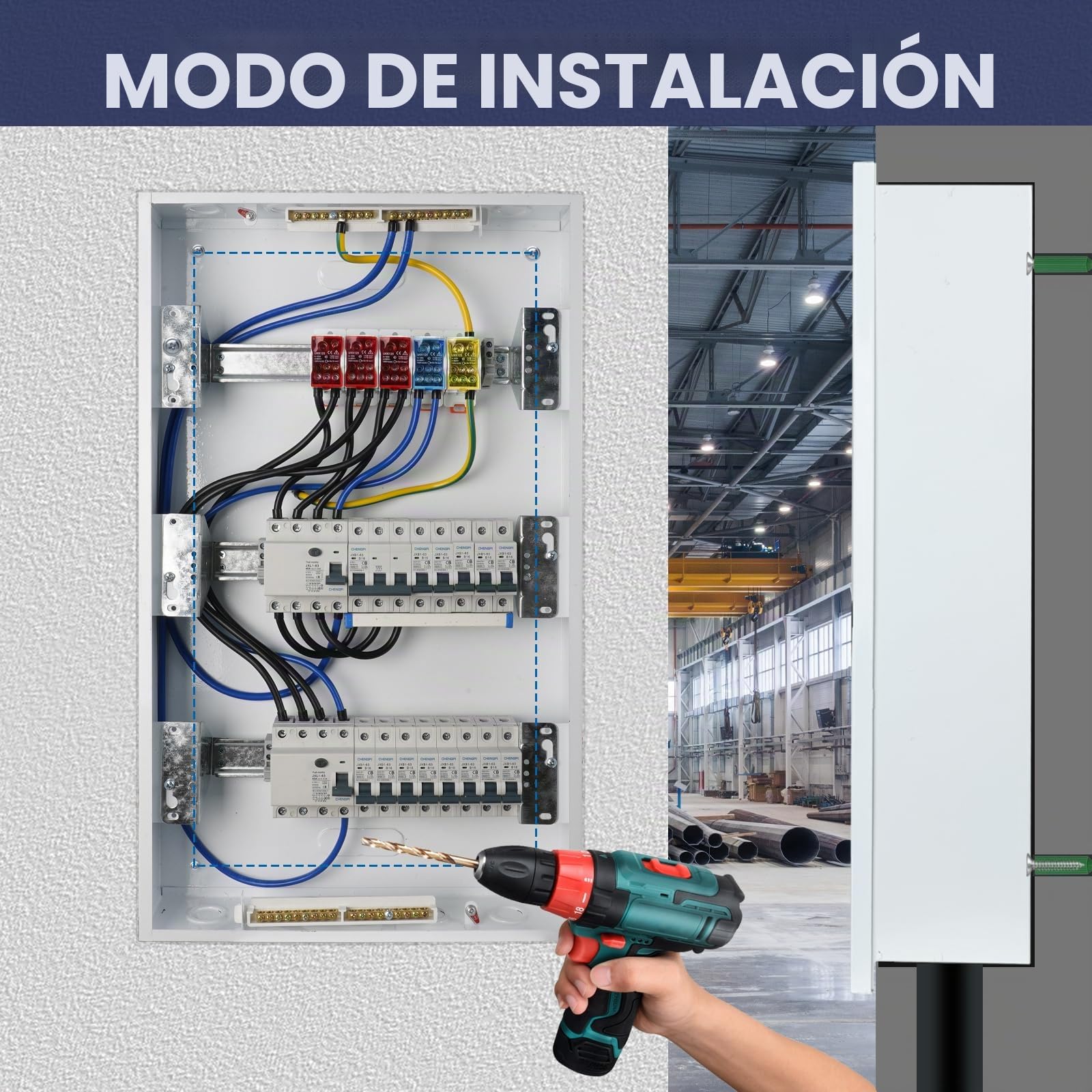 Caja De Distribución de 3 Filas con Disyuntor 4P FI tipo A 40A 30mA FI RCCB y Fusibles B16, Armario de Control con Barra Colectora/Montaje Empotrado