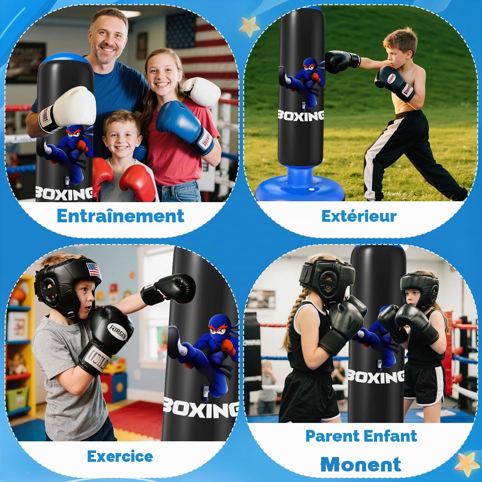 Sac de Frappe Enfant, Qoosea 160cm Punching Ball Enfants avec Gants de Boxe, Gonflable Sac de Boxe, Cadeau Parfait pour Garçons et Filles 3 à 12 Ans pour Karaté, Taekwondo