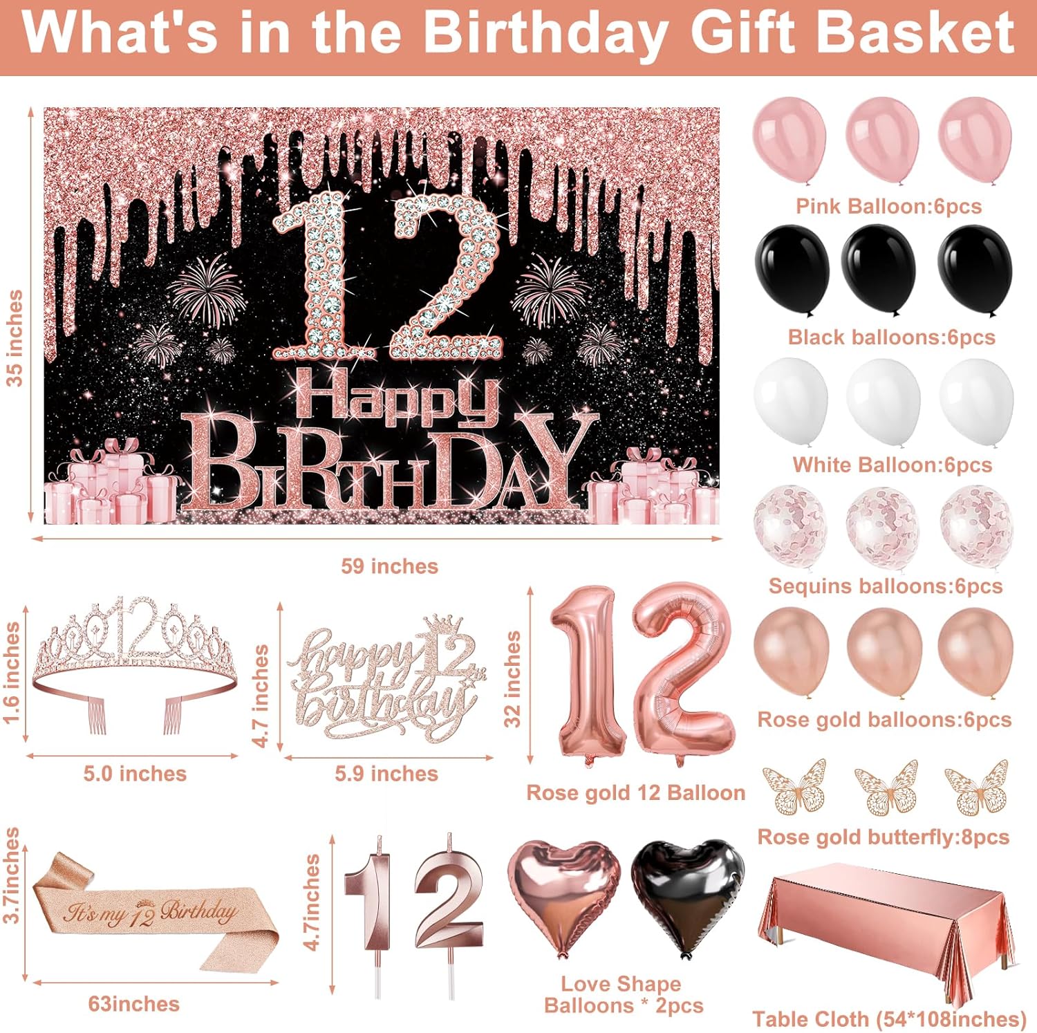 12th Birthday Decorations for Girls, 49pcs Black Rose Gold Black Banner, Tablecloth, Butterfly Decor, 12th Birthday Sash and Tiara, Cake Topper, Candles, Balloons Arch - Image 3