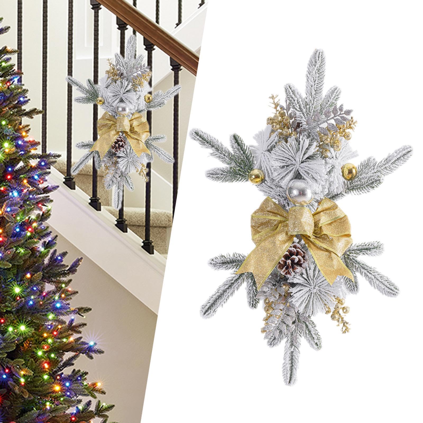 Tachiuwa Christmas Artificial Swags Teardrop Swag Wreath for Front Door Home Decor Stair Swag Wreath for Festival Celebration Kitchen, 45 cm Gold Bowknot