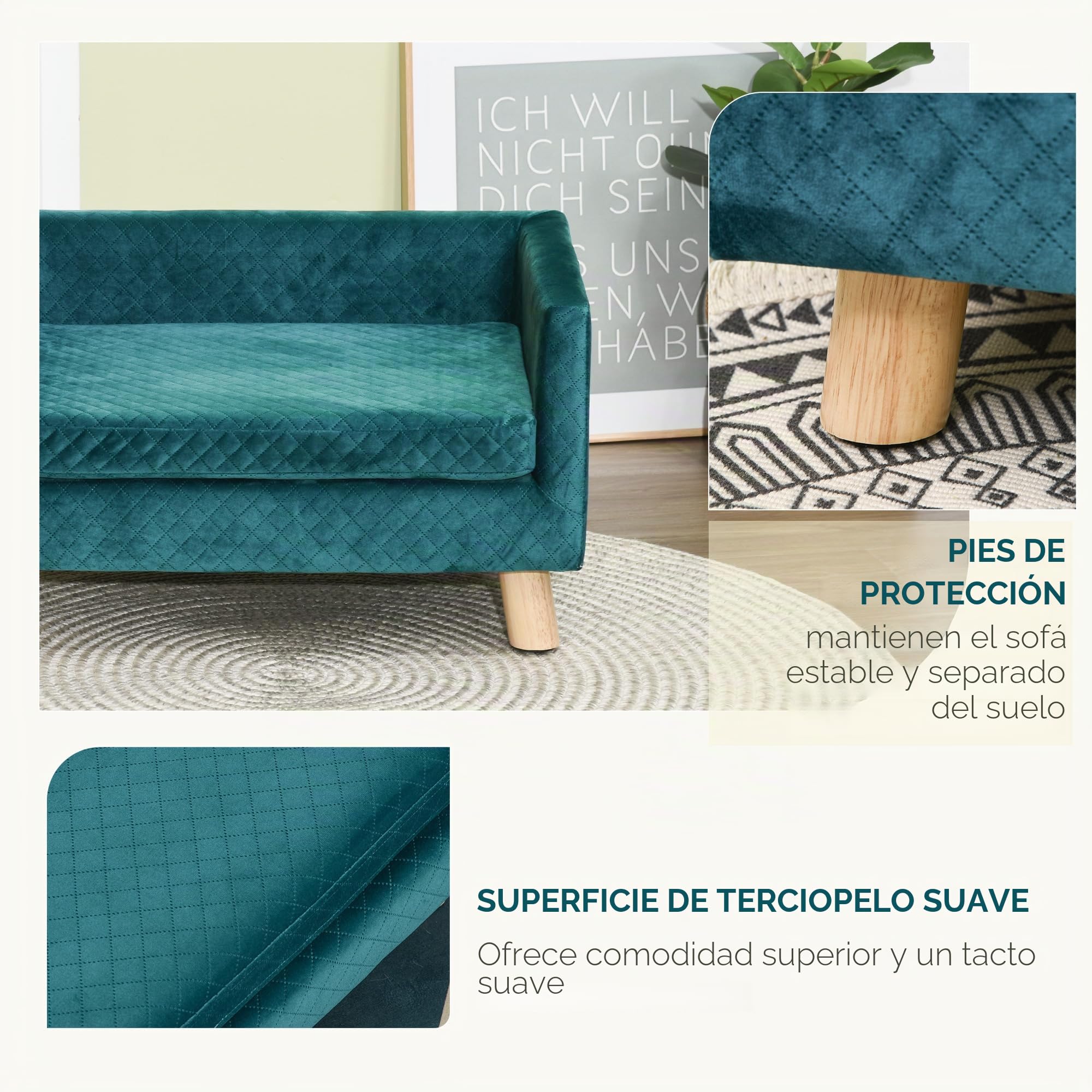 PawHut Sofá para Perros Cama para Perros Diseño escandinavo Cojín suave Patas de madera maciza dim. 64 x 45 x 36 cm Terciopelo Azul Pato