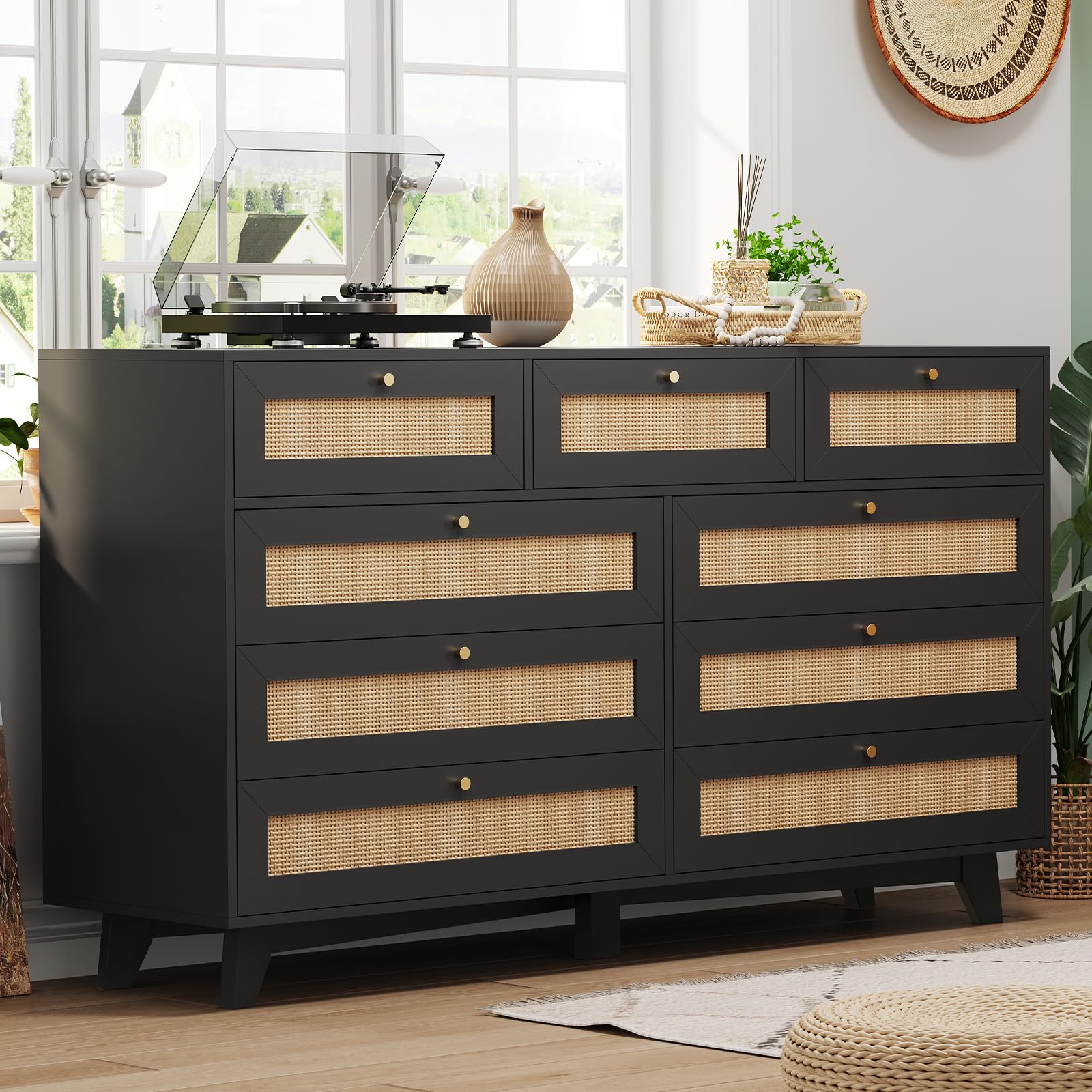 Amazon.com: AOGLLATI Black Rattan Dresser for Bedroom with 9 Drawer, Modern  Double Wooden Long Bedroom Dresser, Chest of Drawers with Metal Handle &  Solid Wood Legs for Bedroom/Living Room, Black : Home