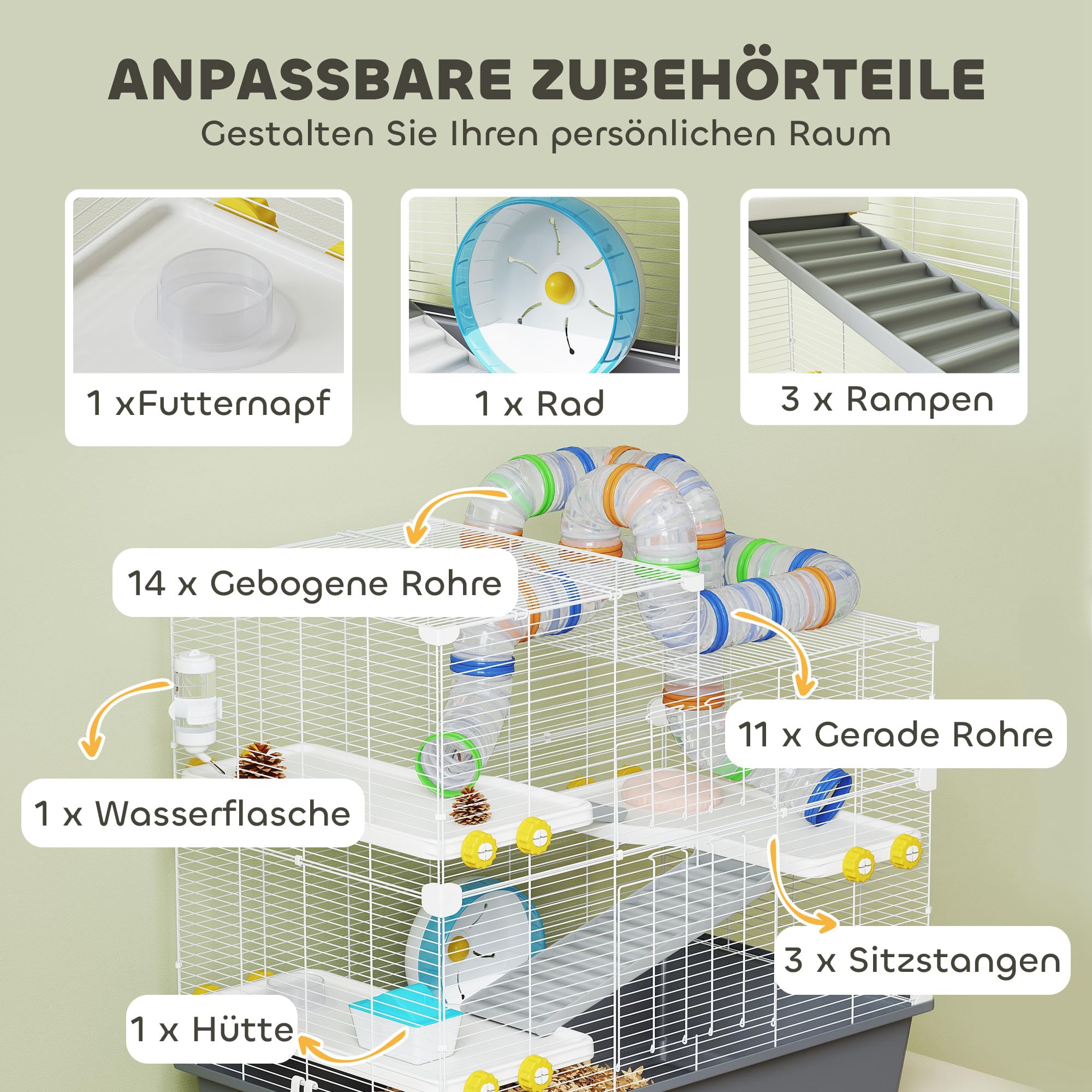 PawHut Hamsterkäfig 4 Etagen Nagerkäfig Kleintierkäfig mit Laufrad Futternapf Tunnel Hütte Obertür, Kleintierstall Käfig für Hamster Syrischer Hamster 78 x 45 x 73 cm, Grau