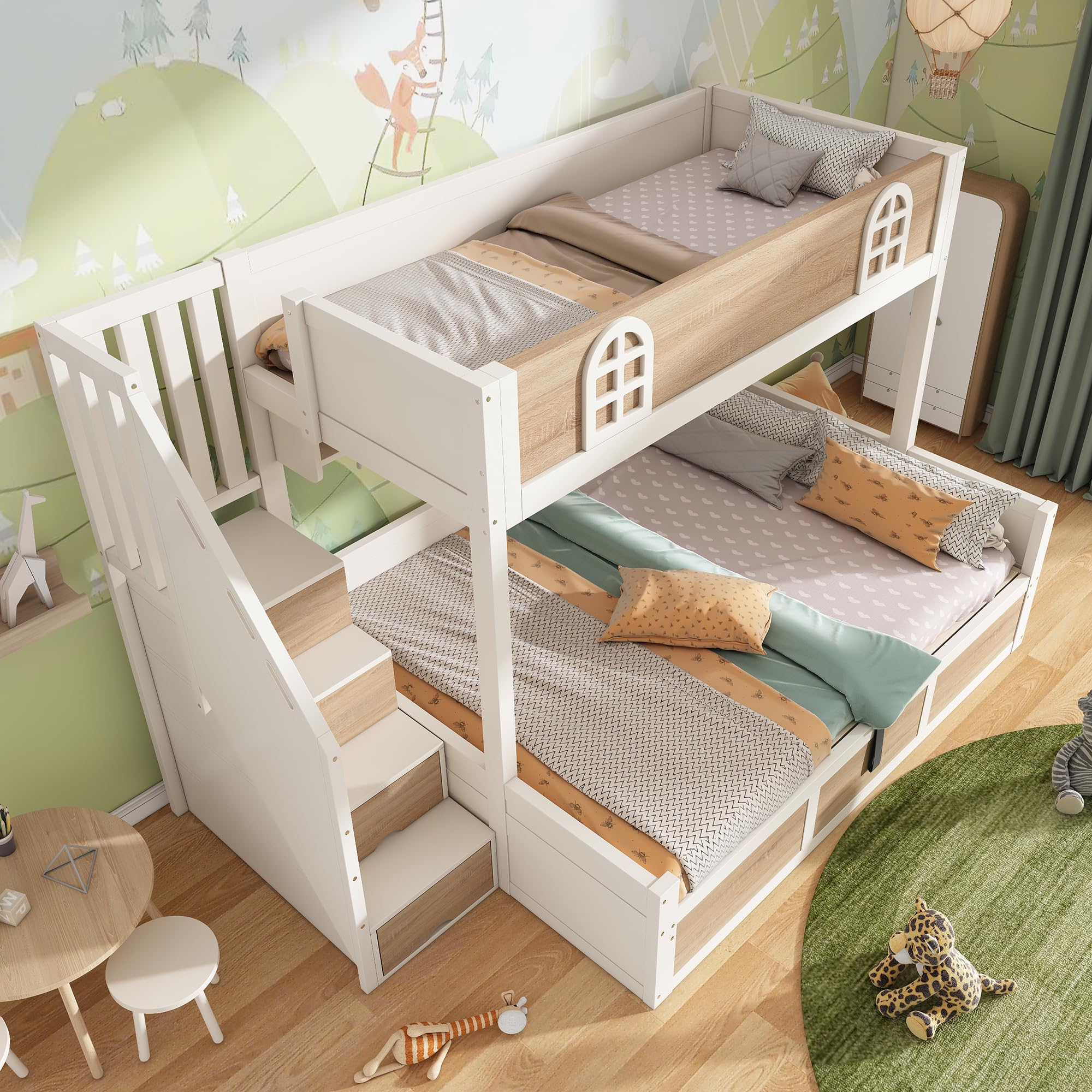Lit Superposé 90x200 avec Armoire Intégrée Lit Rangement Structure en Bois Sommier avec Angles Arrondis avec Relevage Hydraulique avec Barrière de Sécurité avec Échelle Invités
