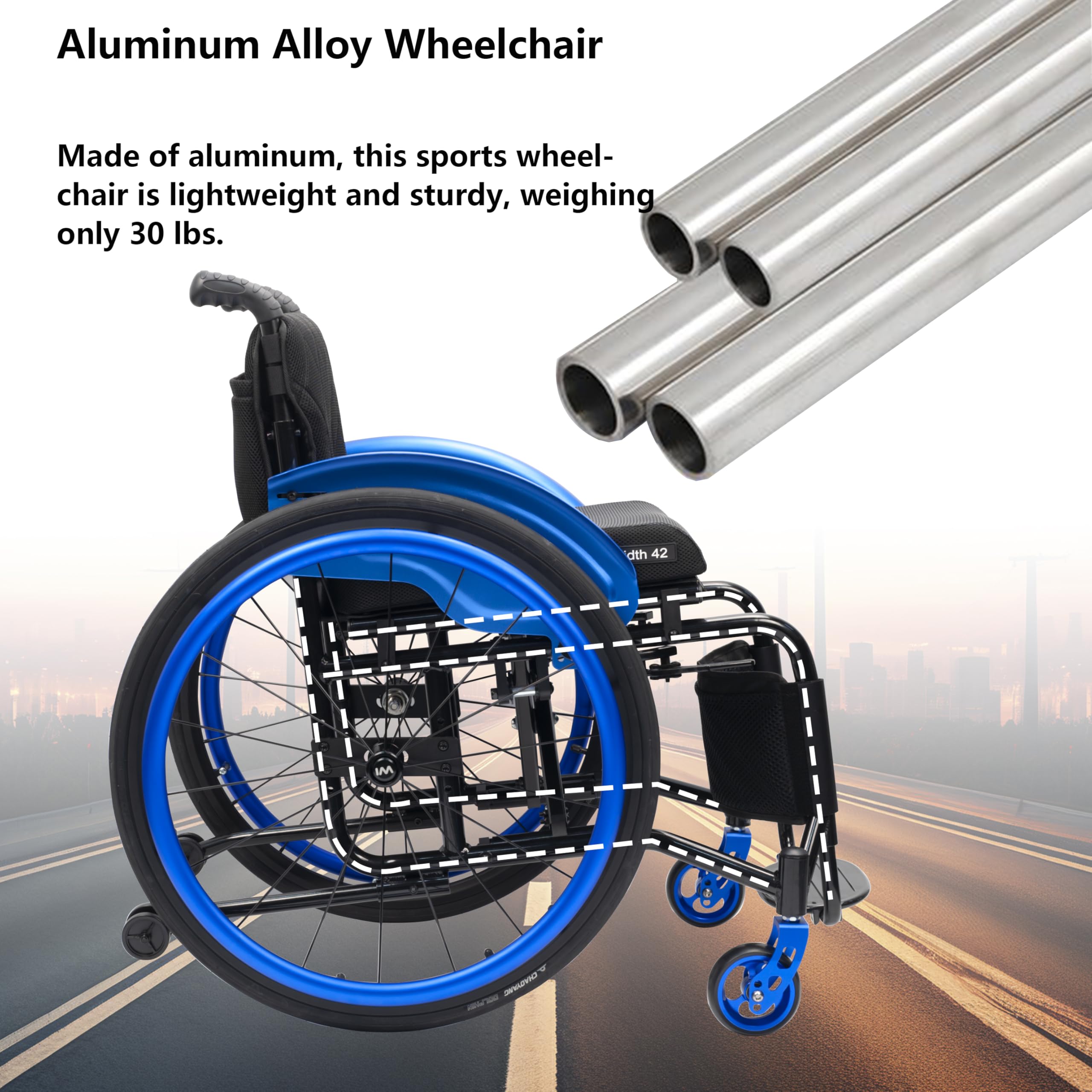 Składany wózek inwalidzki, lekki aluminium, wózek inwalidzki, dla osób niepełnosprawnych, przenośny wózek inwalidzki z własnym napędem, 40 cm, niebieski