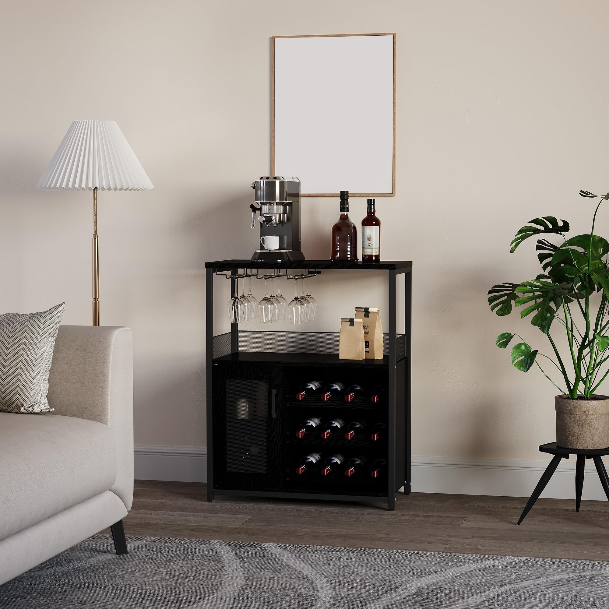 Weinlagerschrank LED Licht, höhenverstellbares Weinregal & Gläserhalter, Getränkeschrank für Küche, Esszimmer oder Wohnzimmer stilvolle Aufbewahrung für Weinflaschen, 70x35x92 cm Schwarz