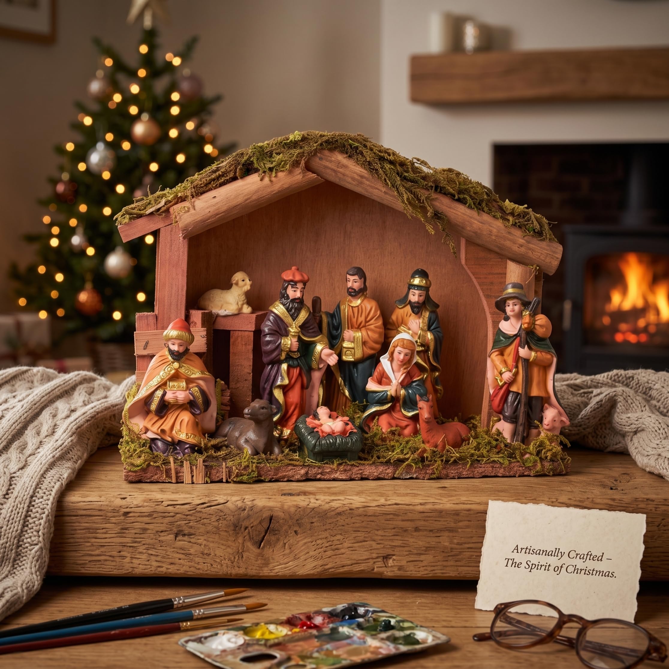 Set per presepe Set per presepe di Natale rustico con capanna in legno