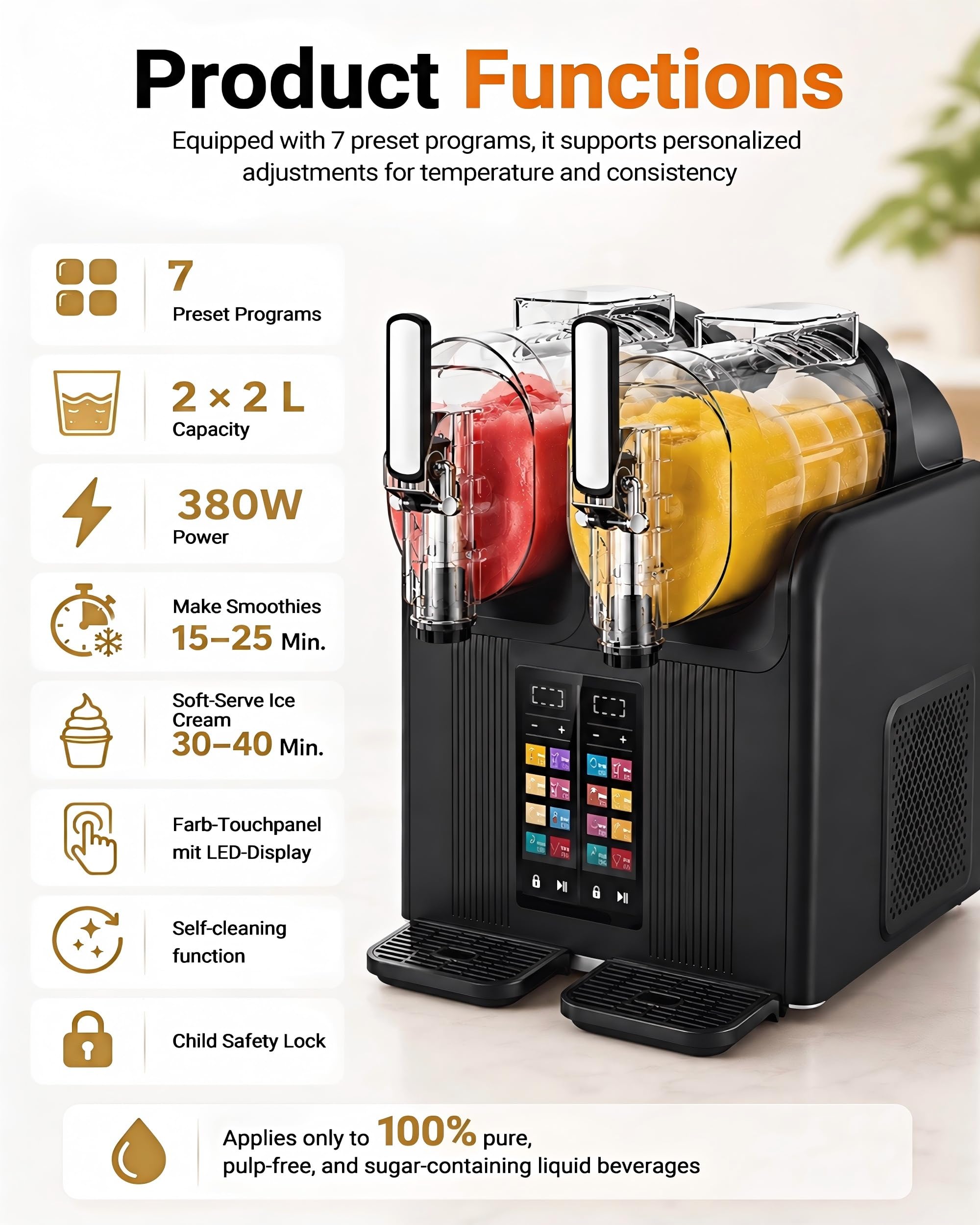 Macchina a Doppia Vasca per Granita e Gelato Soft – 2x2L, Comandi Touch, 7 Modalità Preselezionate, Lavaggio con un Tasto, Refrigerazione Rapida, Serbatoio in PC, Miscelazione Potente 360°