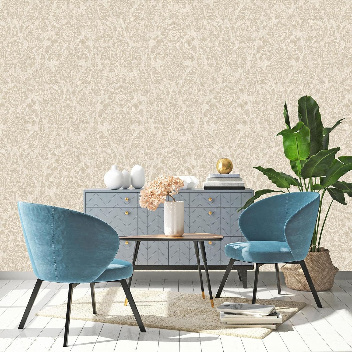 Hawthorn Meadow Woodland Damask Textured Blown Vinyl Wallpaper with Trees, Birds, Animals Living Room, Hallway, Bedroom Wallcovering Neutral Holden 76002