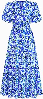 Womens Summer Dresses 2025 Casual Puff Short Sleeve V Neck Floral Boho Tiered Ruffle Maxi Dress with Pockets - Buy now