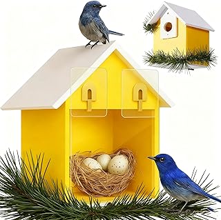 Water Proof Window View Bird House for Outside with 2 Powerful Hooks,Vinyl Birdhouse for Viewing Inside, Multifunctional Entrance For Various Birds 1.25" + 1.5" Hole, 10 Years Performance（Yellow）