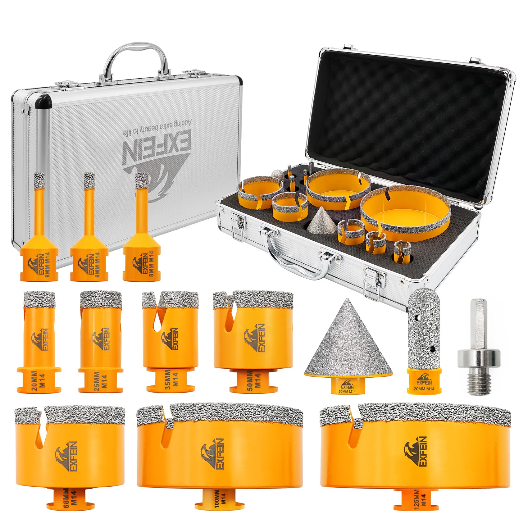 EXFEIN Diamond Tile Hole Saw Kit 13pcs - Tile Drill Bits 6/6/8/20/25/35/50/68/100/125mm + 20mm Finger Milling Bit + 50mm Diamond Bevel Chamfer Bit + Hex Adapter for Porcelain Tiles Marble Granite