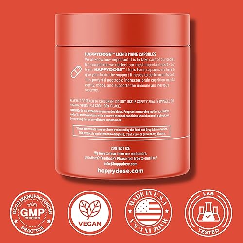 Miniatura 9 de HAPPYDOSE - Suplemento de hongo de melena de león  Cápsulas de extracto de hongo en polvo  Suplemento natural de refuerzo cerebral  Suplemento de