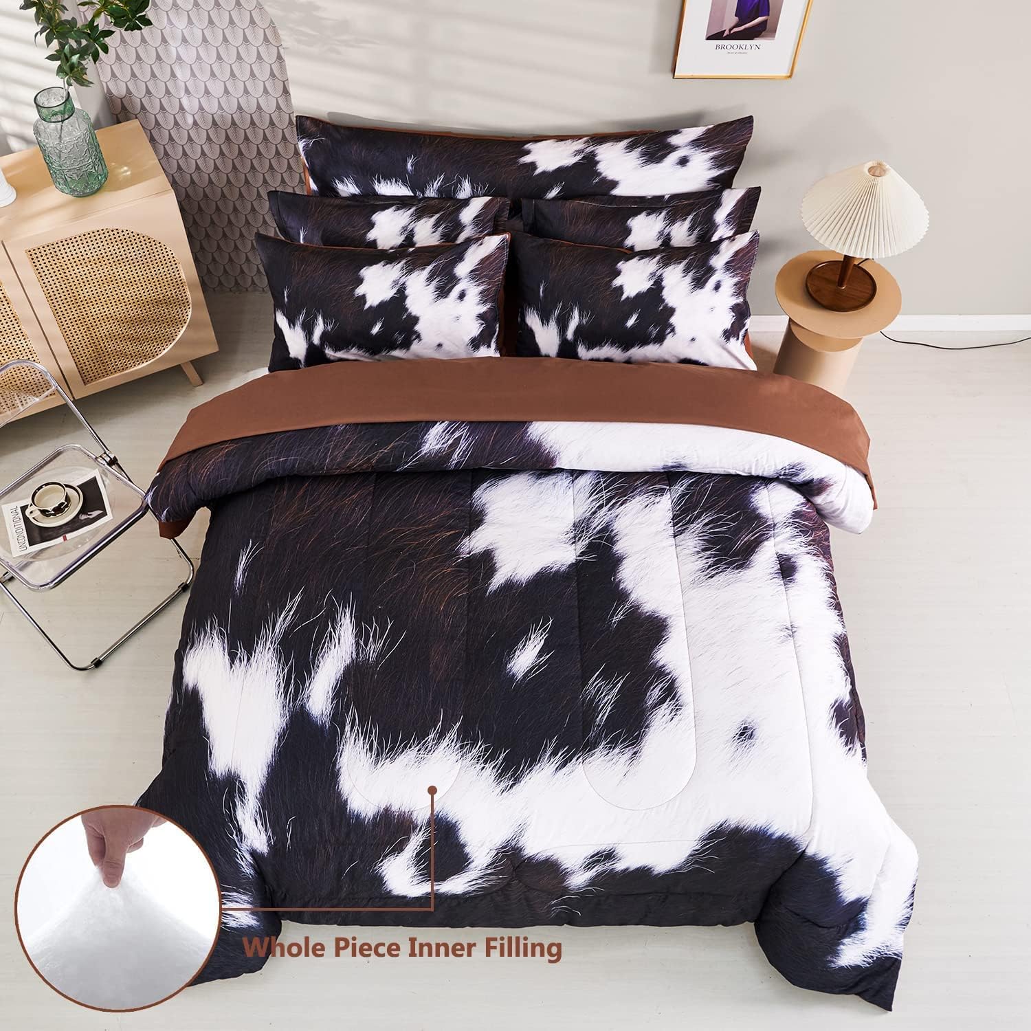 SUCSES King Size Comforter Set 8 Pieces Western Farmhouse Style Bedding Set Highland Rustic Cow Fur Print Bed in A Bag Comforter Set with Sheets (Cow Fur Pattern, King) - Image 3