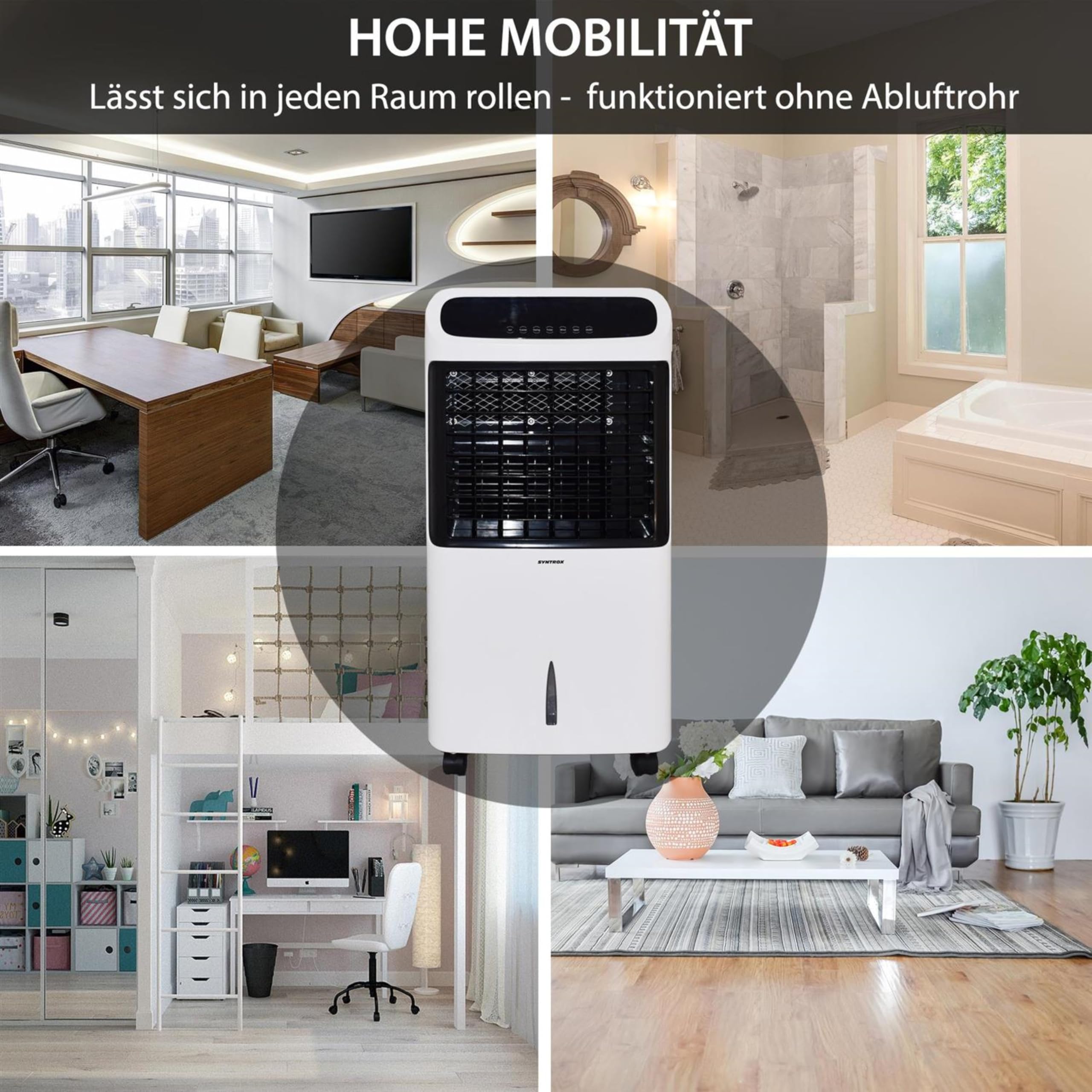 Syntrox Verdunstungskühler Windo | Luftkühler mit Wasser | Luftbefeuchter, Einstellbare Geschwindigkeiten und Timer, Effektive Kühlung gegen trockene Luft, für zuhause und Büro