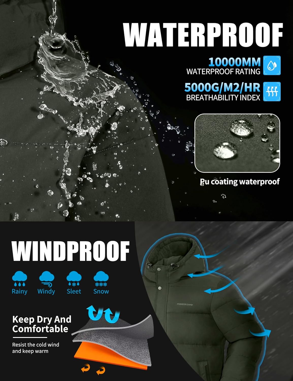 Pioneer Camp Mens Winter Coat Warm Winter Puffer Jacket Waterproof Thicken Insulated Windproof Hooded Down Quilted Coat - Image 4