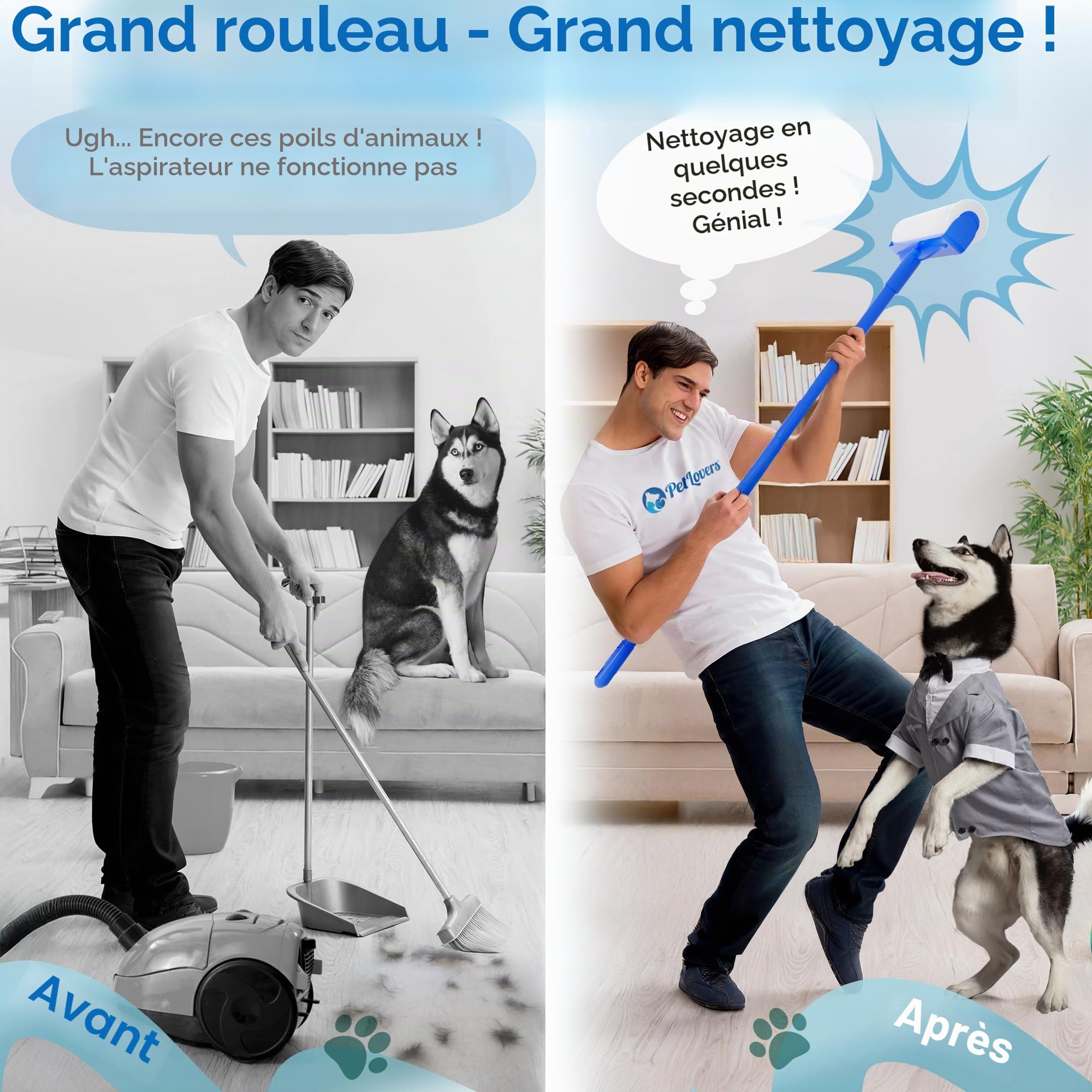 PetLovers Grand Rouleau anti-peluches avec 3 recharges – 360 feuilles au total pour lutter contre les poils d'animaux de compagnie, rouleau extra grand pour sol et moquette pour les maisons avec