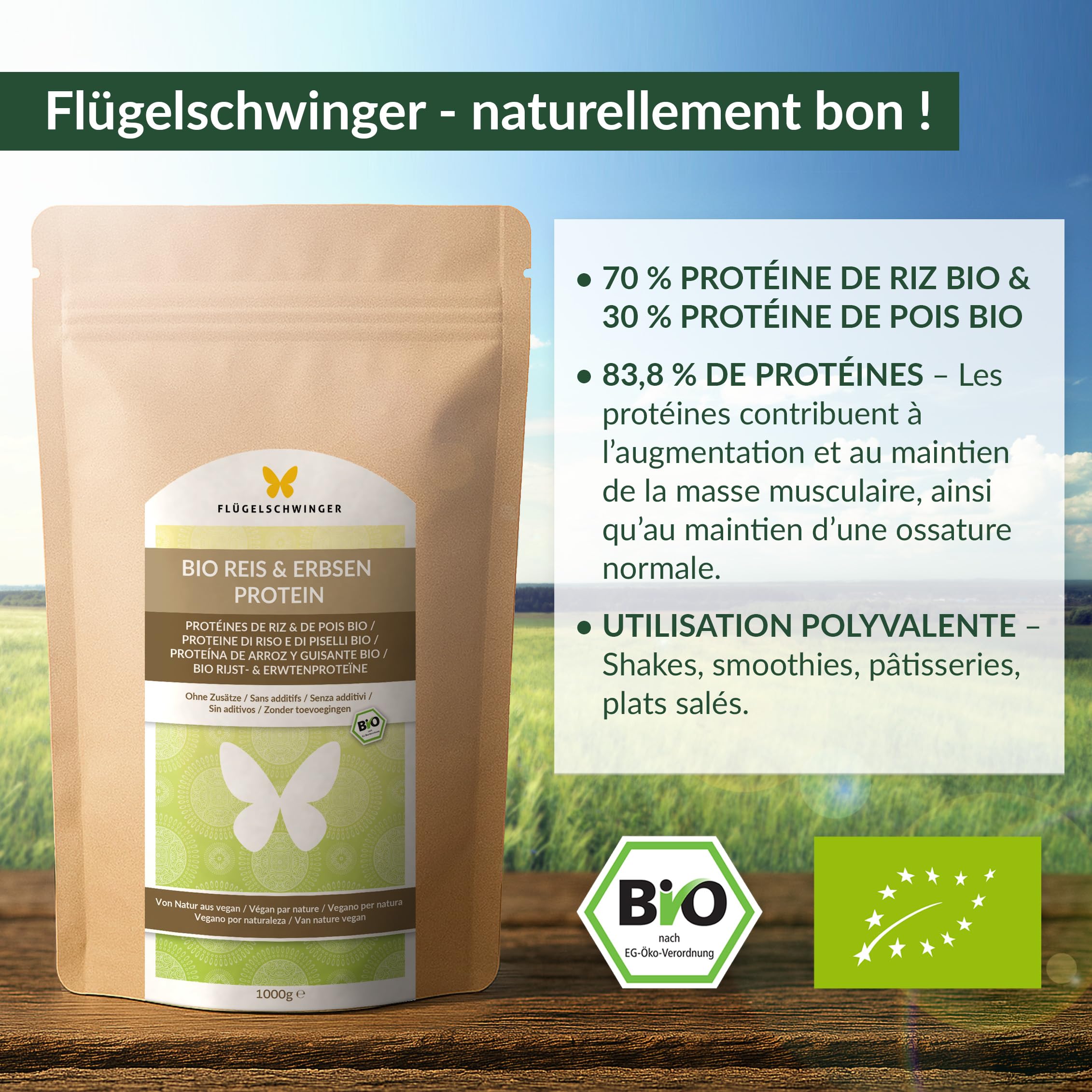 1 kg de protéine de riz et de pois BIO (mélange 7:3), 83,8 % de protéines, sans additifs, goût neutre, naturellement végétalienne, ni soja – poudre végétale pure (1000 g)