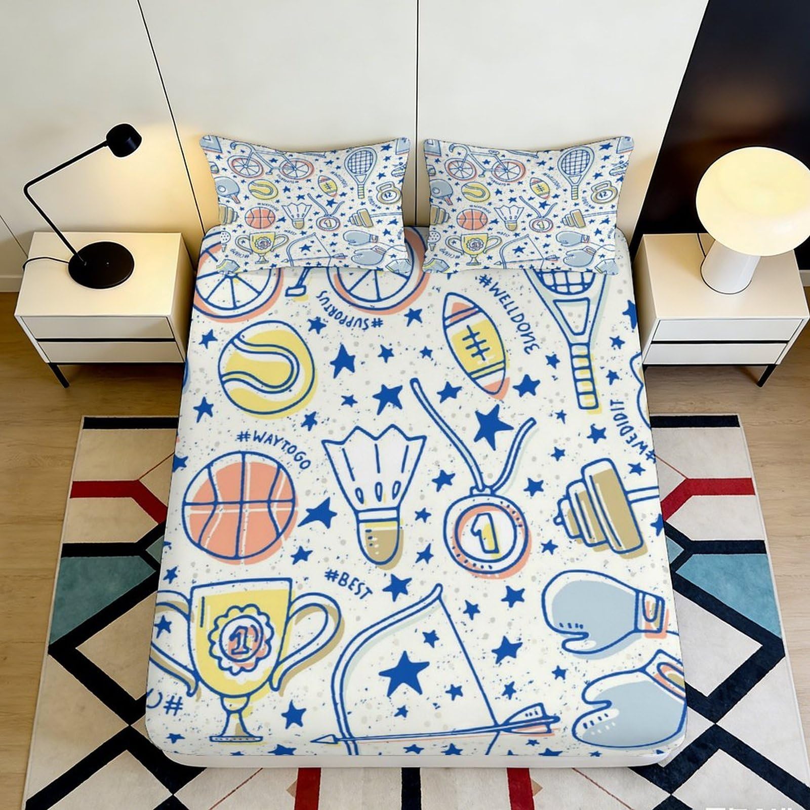 3D Printed Sports Doodle Fitted Sheet Microfiber Soft Bed Cover for Bedroom Dorm, Cartoon Trophy Racket Mattress Protector 90x200x25cm