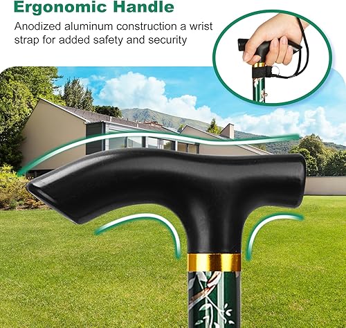 Miniatura 6 de MFE Bastón plegable, portátil de 5 niveles de altura ajustable con diseño plegable, correa de muñeca y mango en T para hombres y mujeres