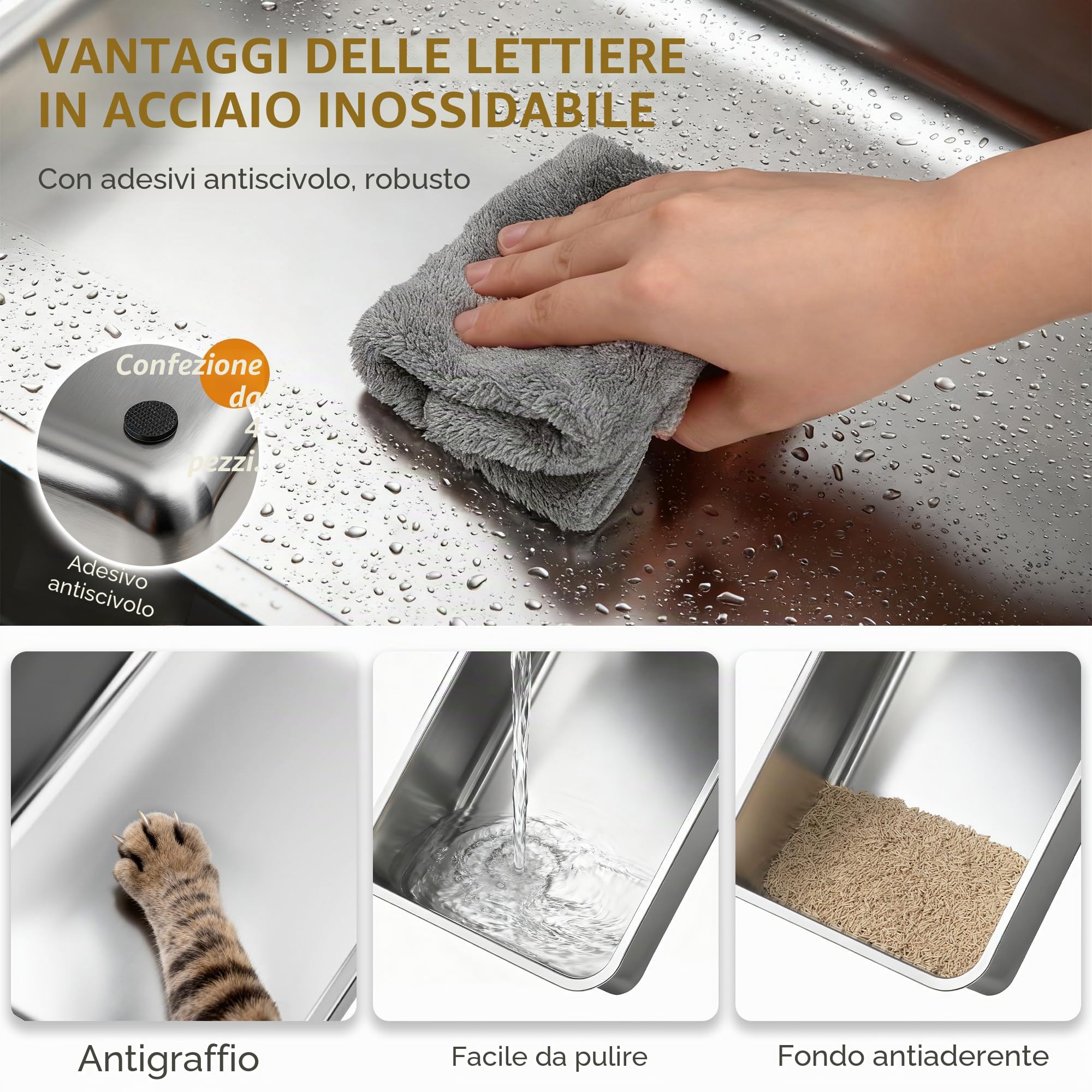 Lettiera in Acciaio per Gatti XXL, 60,5x40x29 cm, Grigio Scuro | Metallo Lettiera Acciaio con Bordi Alti, Grande Capacità Lettiere per Gatti, Paletta, Facile da Pulire FPLB003SG2