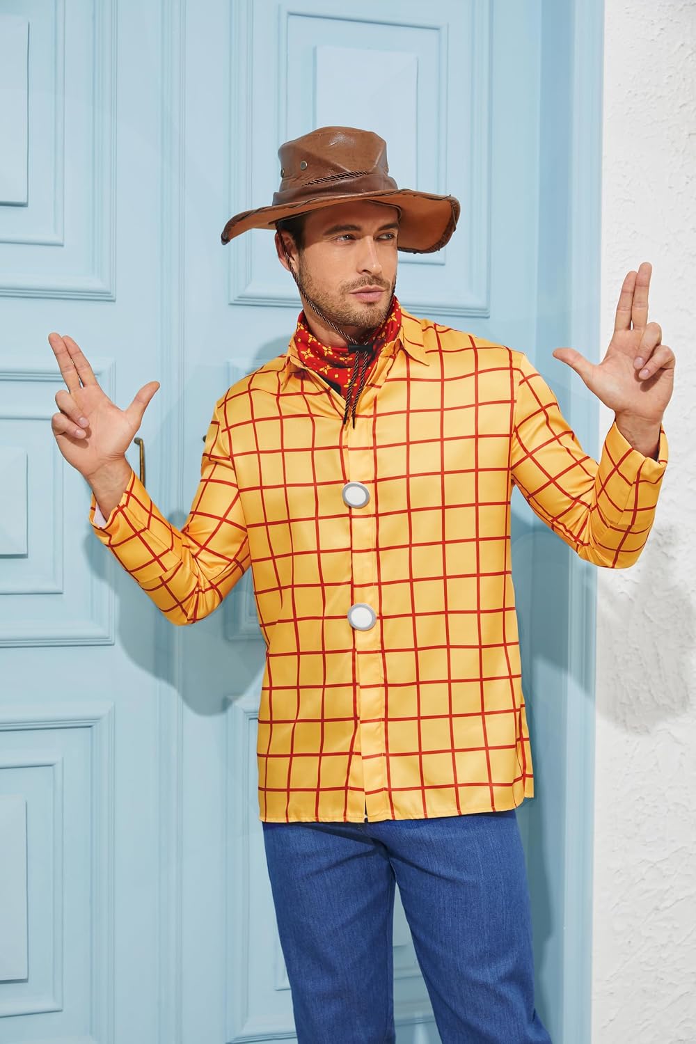 Cowboy Sheriff Costume Men's Plaid Button Down Shirt with Vest Bandana Star Badge Halloween Sheriff Cosplay Outfits