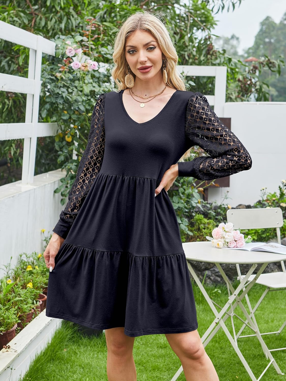 ANRABESS Dresses for Women Casual Lace Long Sleeve V Neck Tiered Swing Flowy Loose A-line Mini Short 2025 Fall Vacation Dress - Image 6