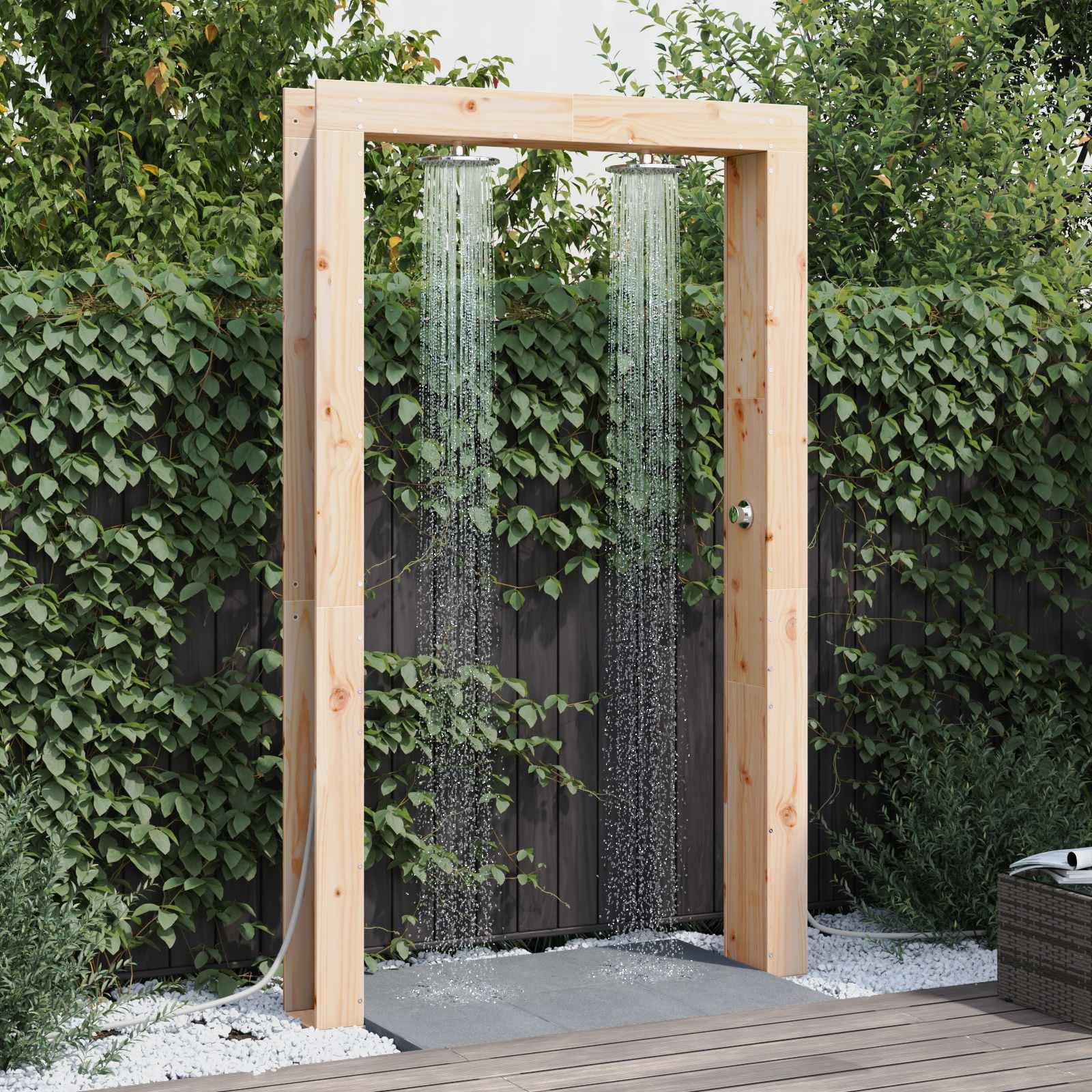 Ducha de jardín moderna de madera maciza de pino, 137 x 23 x 226 cm, resistente a la intemperie e inoxidable para uso en exteriores