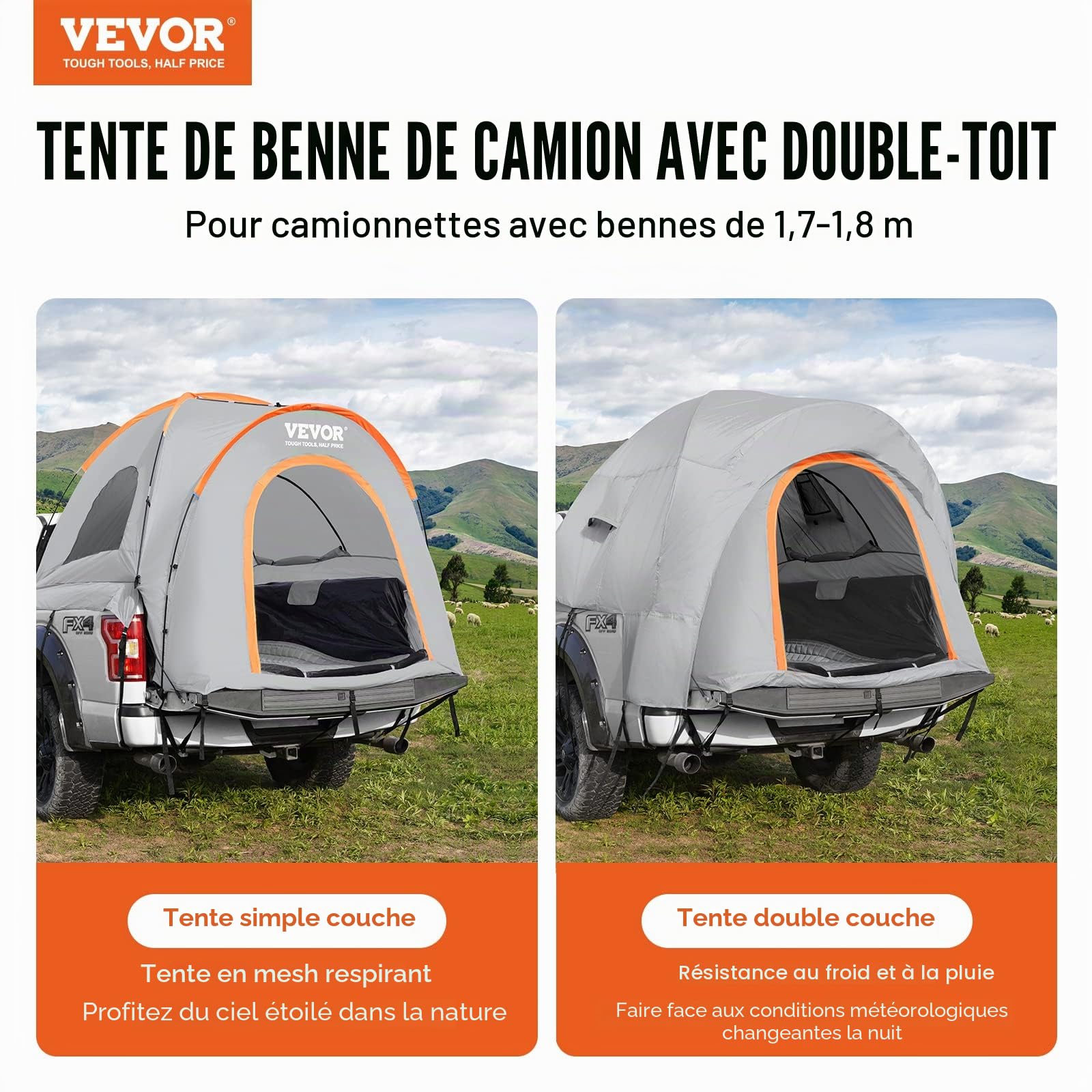 VEVOR Tente de lit de camion, tente de camionnette avec couche de pluie et sac de transport, tente de camion double couche imperméable pour camping, camping, voyage, activités de plein air