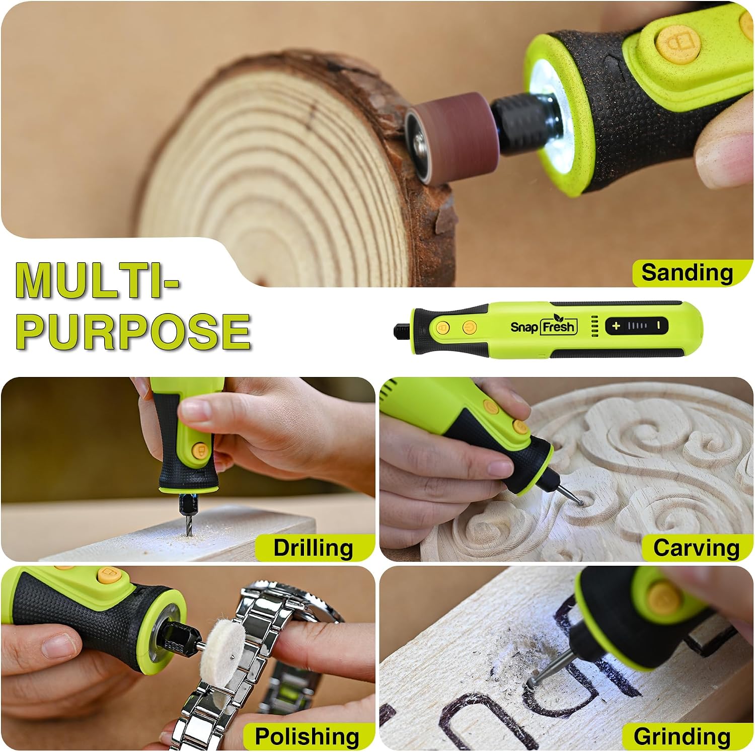 Collage showing the rotary tool performing various tasks: sanding wood, drilling into wood, carving wood, polishing a watch, and grinding a surface.