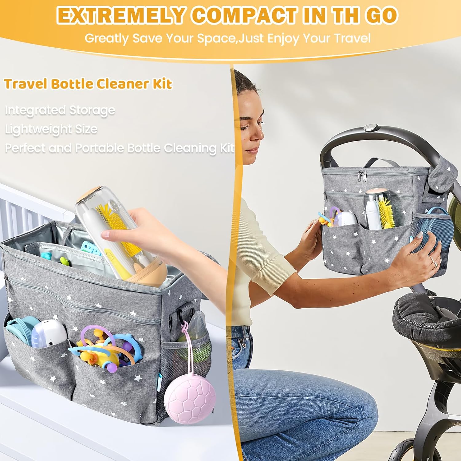 IvyWind Electric Travel Baby Bottle Brush Set with Storage Box, Automatic Bottle Cleaner Brush Kit with Silicone Bottle/Nipple/Straw Brush,Milk Frother Electric and Drainage Rack, Rechargeable, Yellow - Image 6