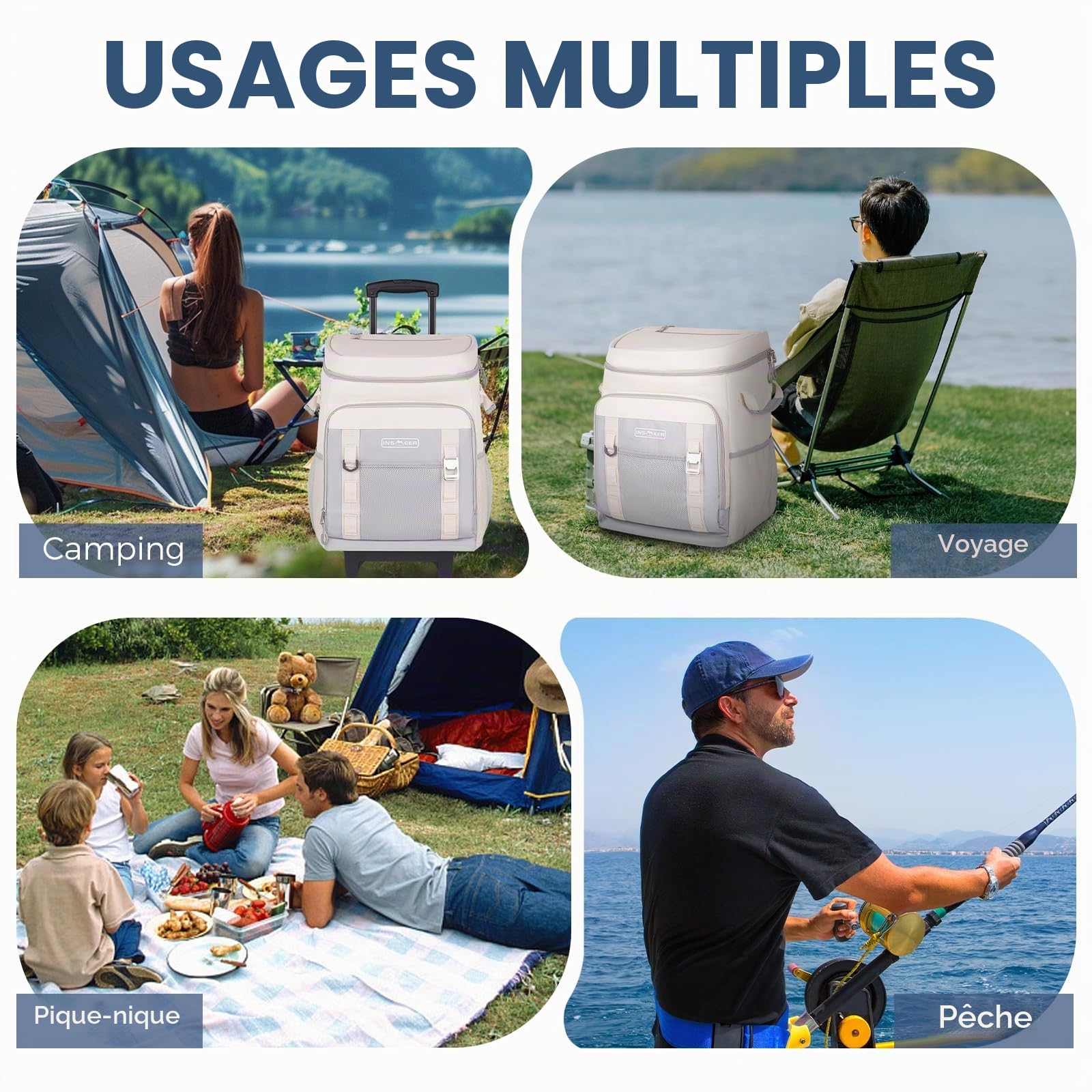 Sac isotherme à roulettes 50 L/80 canettes - Grand sac isotherme pliable et imperméable - Pour la plage, le camping, le pique-nique, le shopping