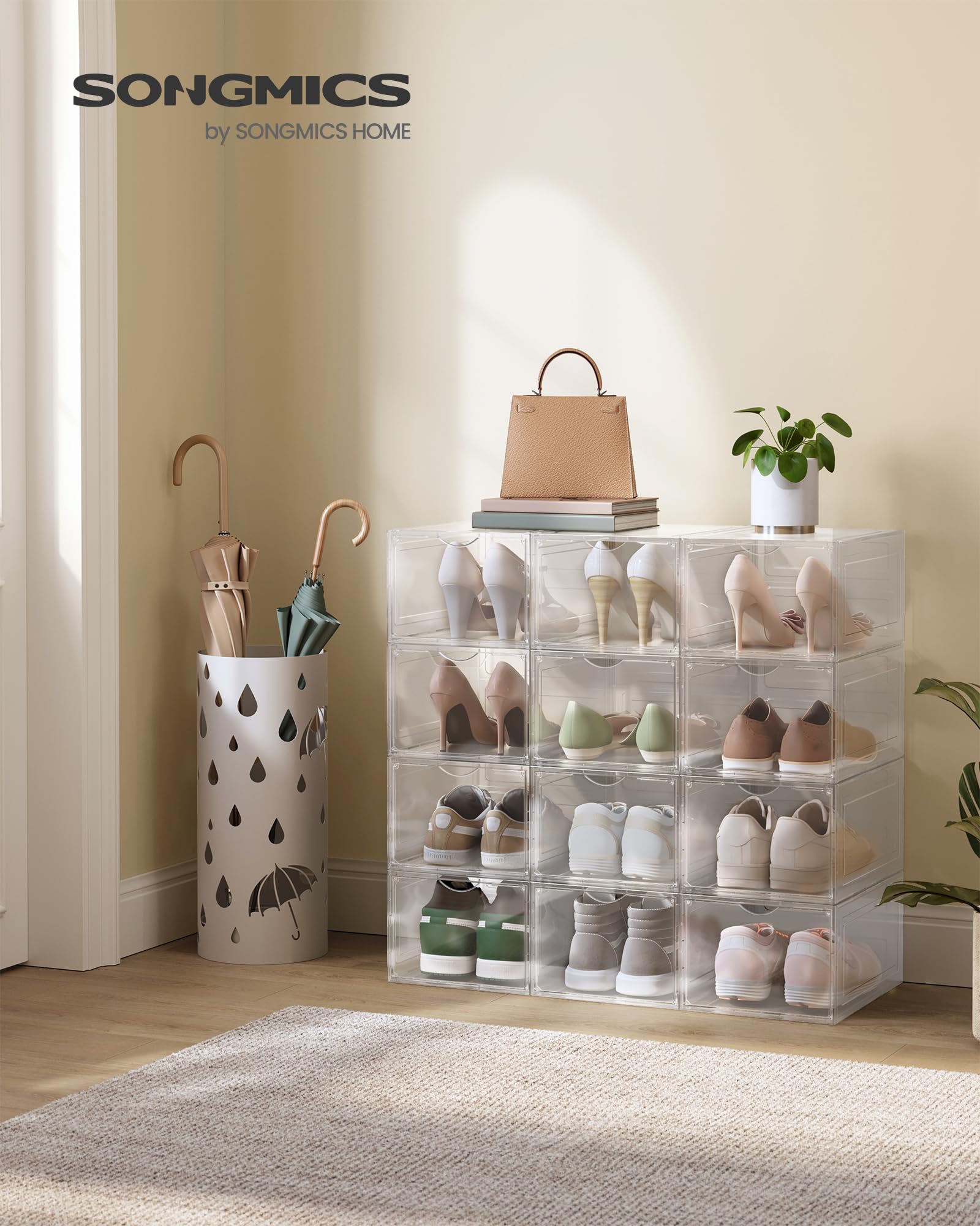 SONGMICS Scatole per scarpe, trasparenti, set di 12, in plastica, con porta trasparente, facile da montare, fino alla misura 44, colore bianco, ULSP032W12