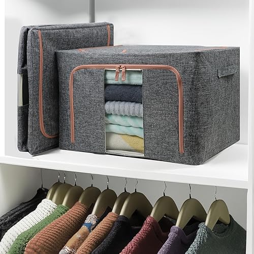 Miniatura 6 de Contenedores de almacenamiento de ropa de lino, 4 organizadores resistentes para armario y contenedores de almacenamiento con marco de metal, 2 vías